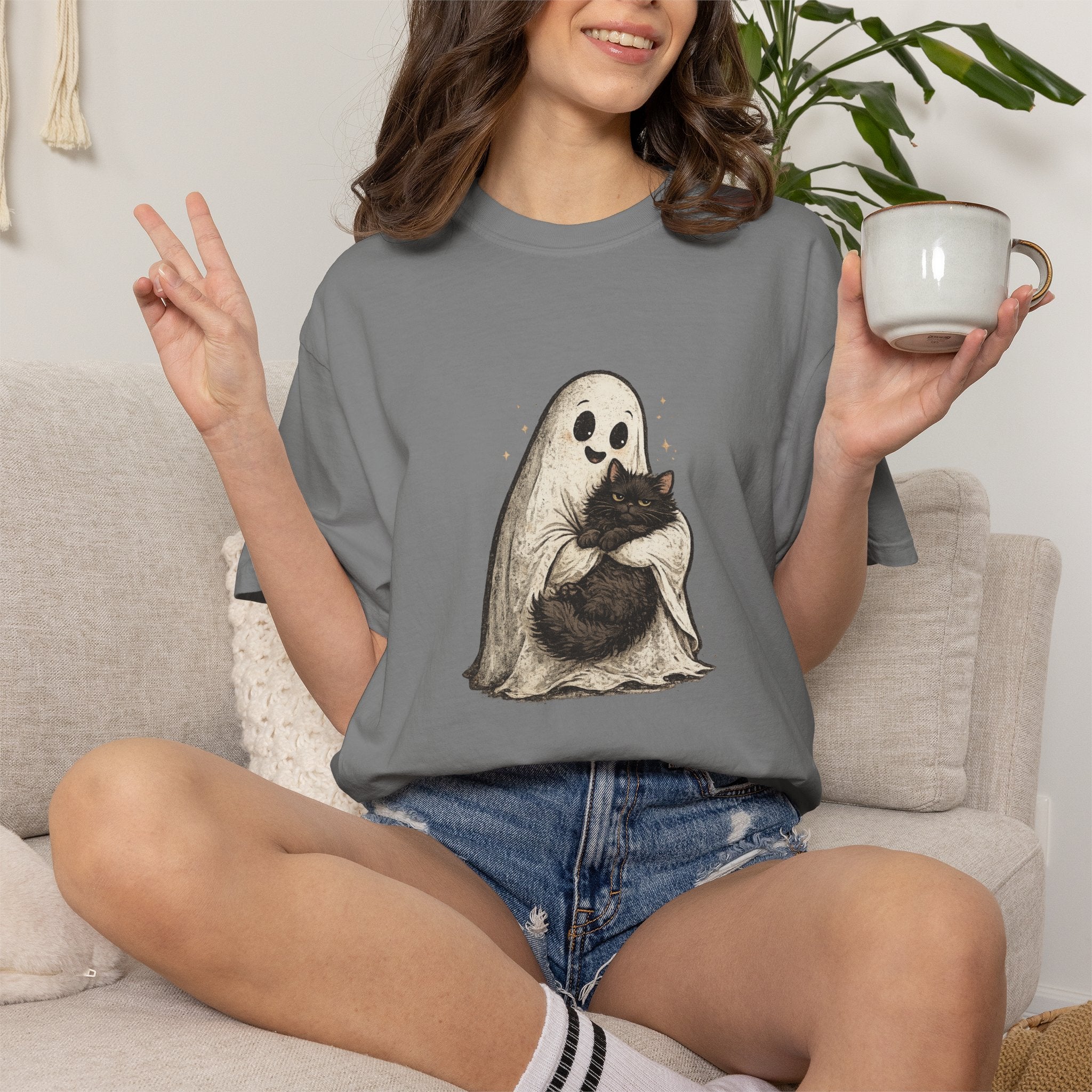 Boo & Meow Ghost Hugging Black Cat T-Shirt | Cute Spooky Tee