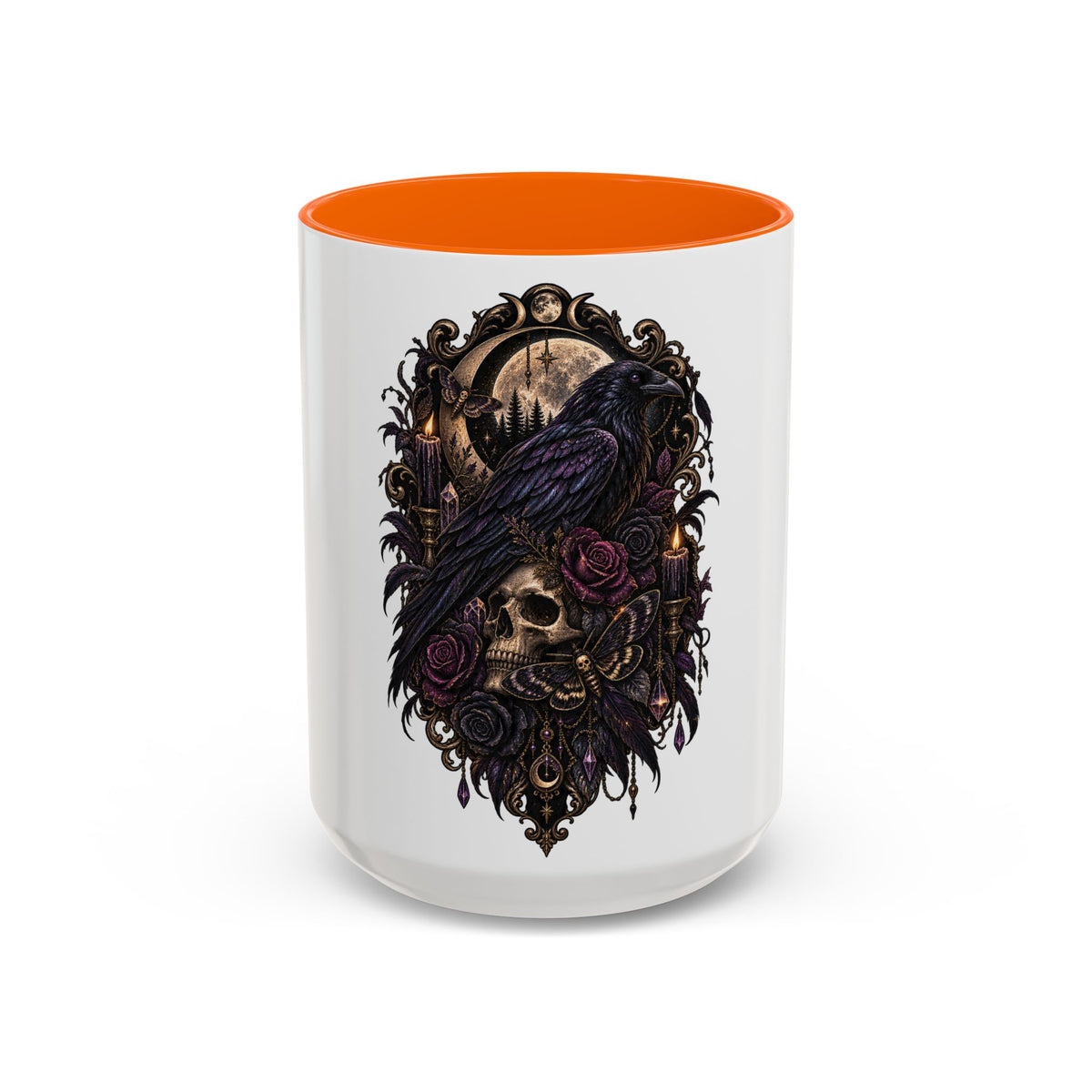 Gothic Raven & Skull Accent Coffee Mug — Dark Floral Occult Tea Cup