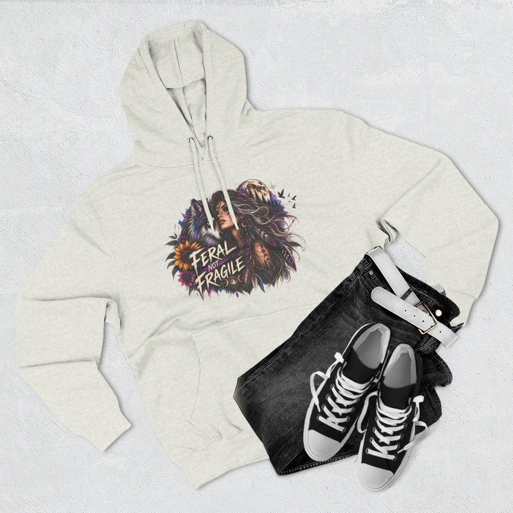 Feral Not Fragile Wolf & Woman Graphic Hoodie — Wildlife Fleece Pullover
