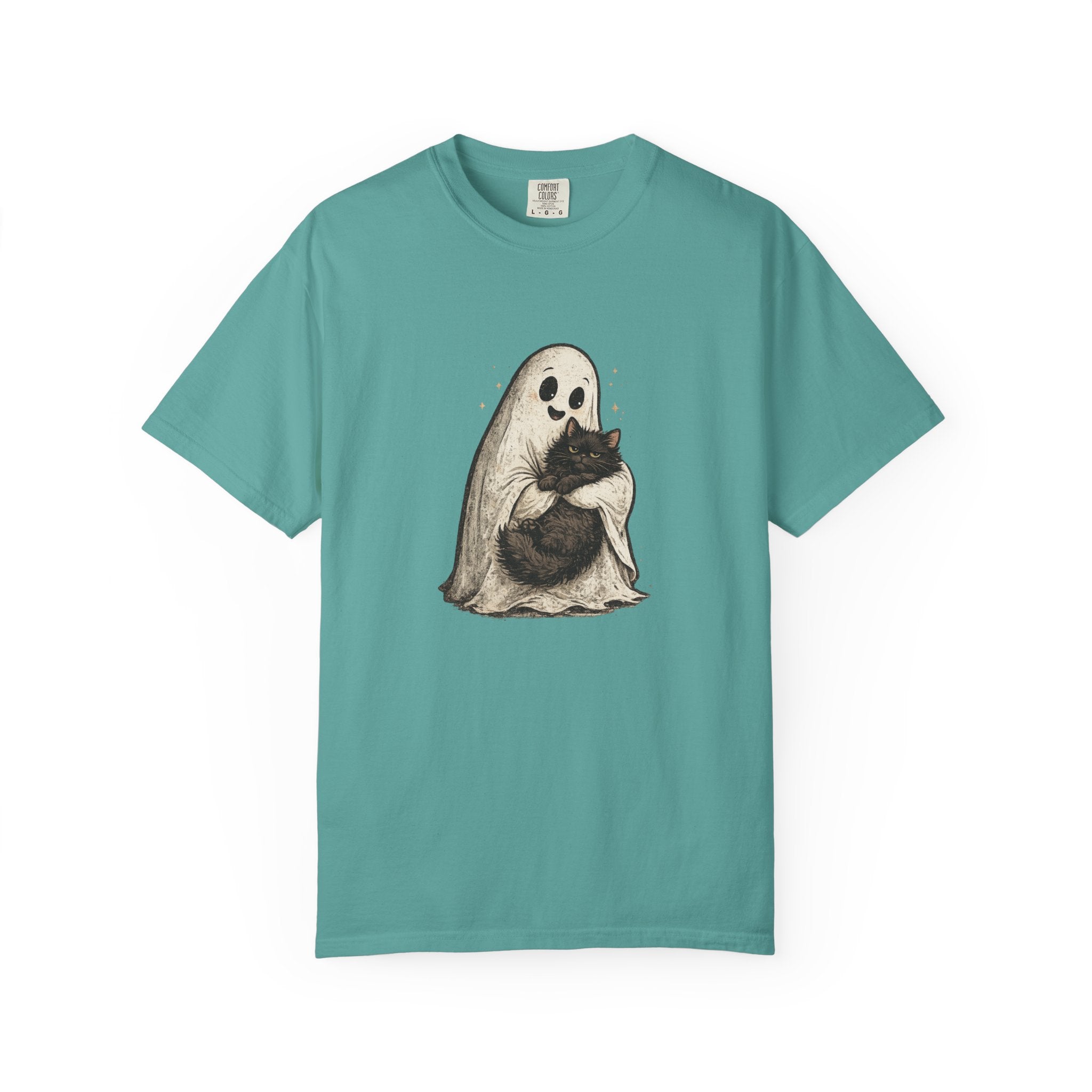 Boo & Meow Ghost Hugging Black Cat T-Shirt | Cute Spooky Tee