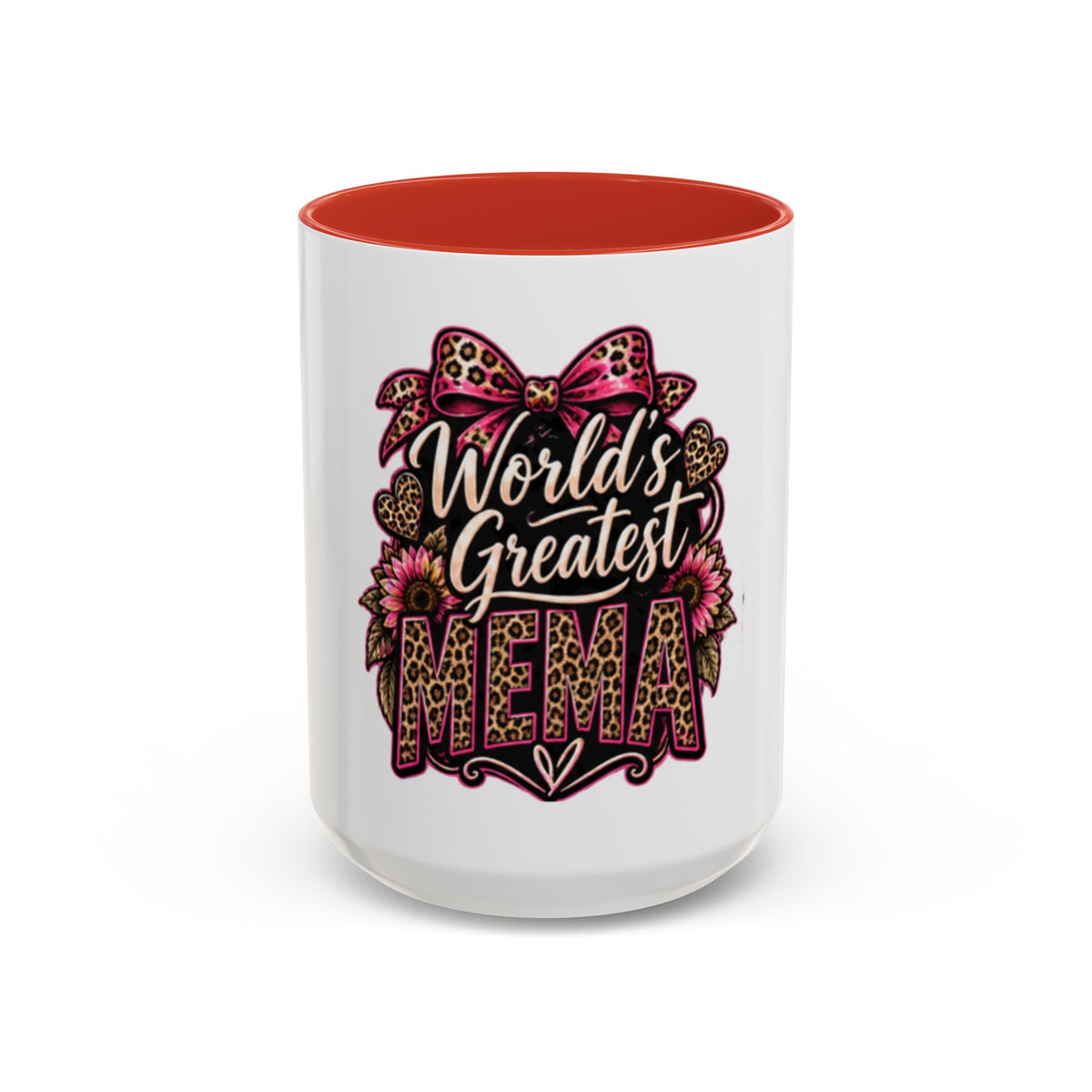 World's Greatest Mema Accent Coffee Mug – Leopard Pink Bow Gift for Grandma (11/15 oz)