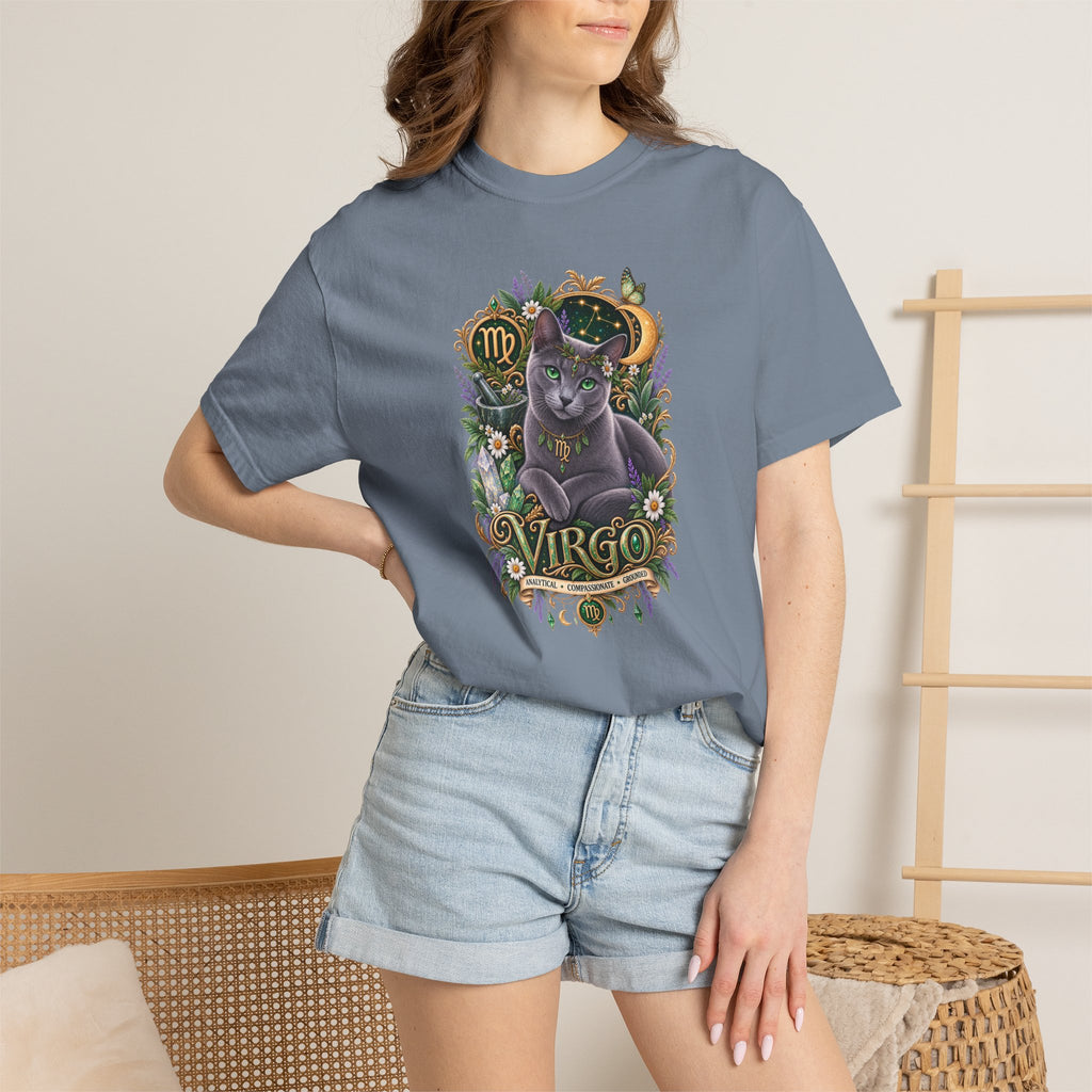 Virgo Cat Zodiac T-Shirt — Virgo Astrology Tee with Russian Blue & Floral Design