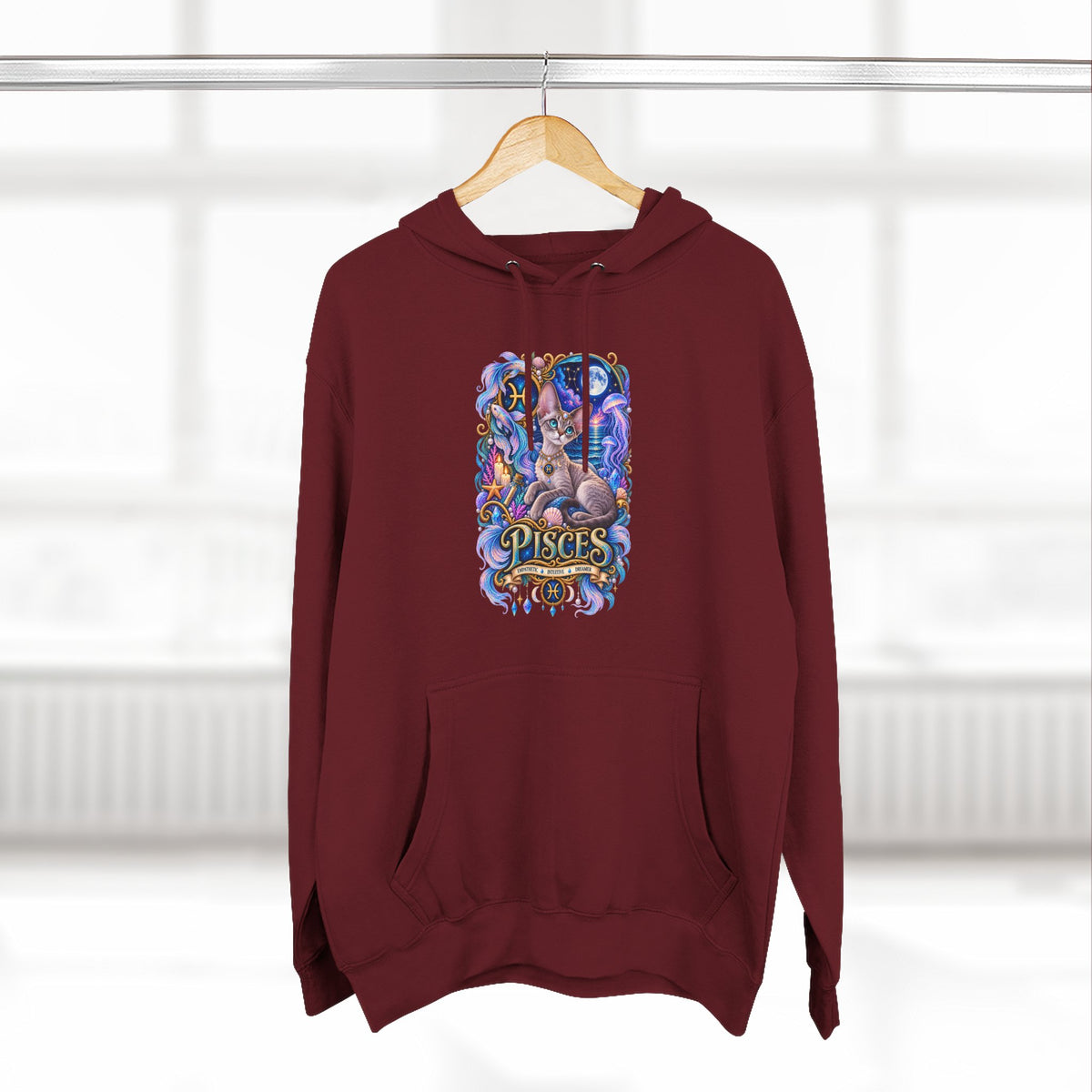 Pisces Zodiac Devon Rex Cat Hoodie — Mystical Watercolor Fish Astrology Pullover