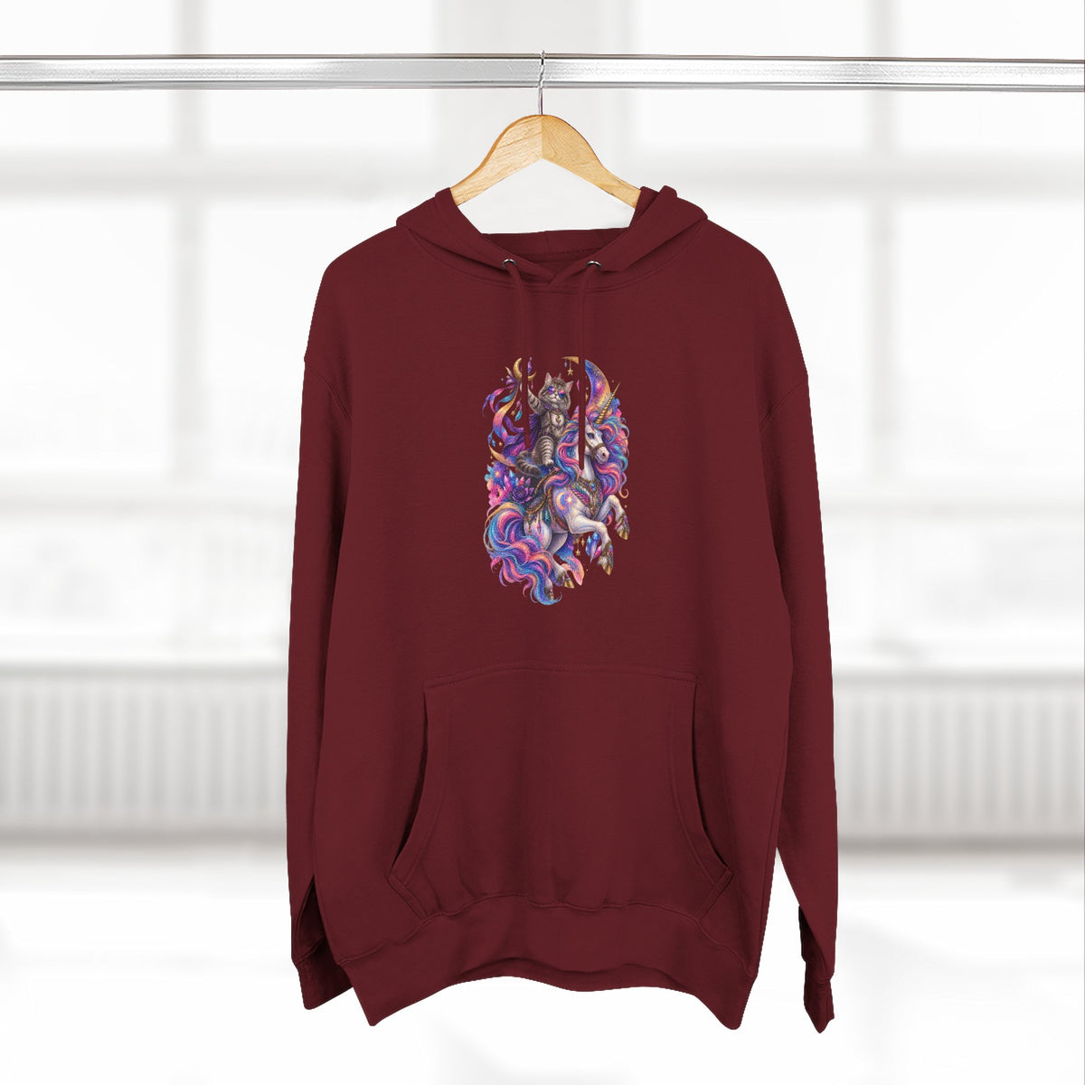 Colorful Cosmic Cat Riding a Unicorn — Vibrant Nebula Graphic Pullover