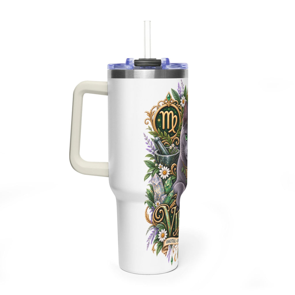 Virgo Cat 40oz Thermal Tumbler — Russian Blue Zodiac Astrology Travel Mug