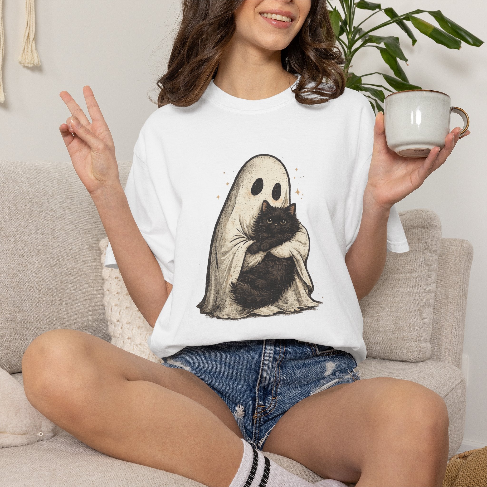 Ghost Hug T-Shirt — Cute Ghost Holding Cat Graphic Tee