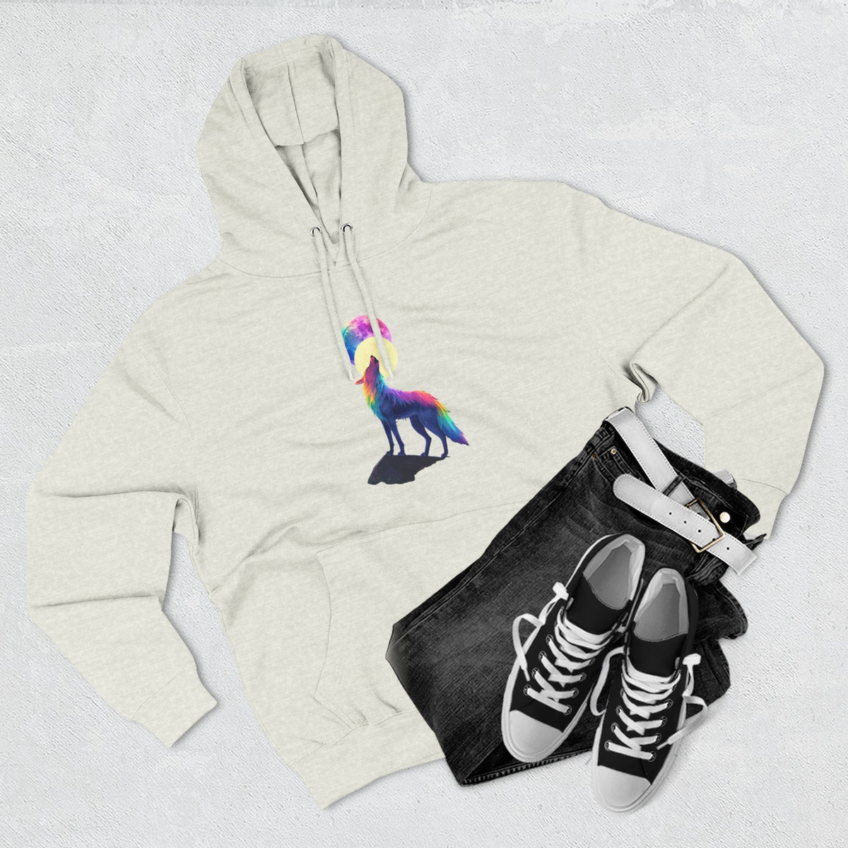 Rainbow Wolf Silhouette Hoodie | Colorful Moon Graphic
