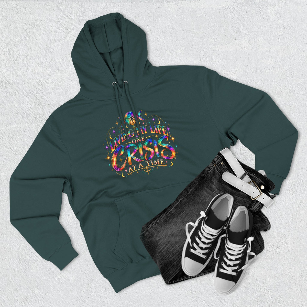 Hoodie — "Living My Best One Crisis At A Time" Colorful Retro Graphic