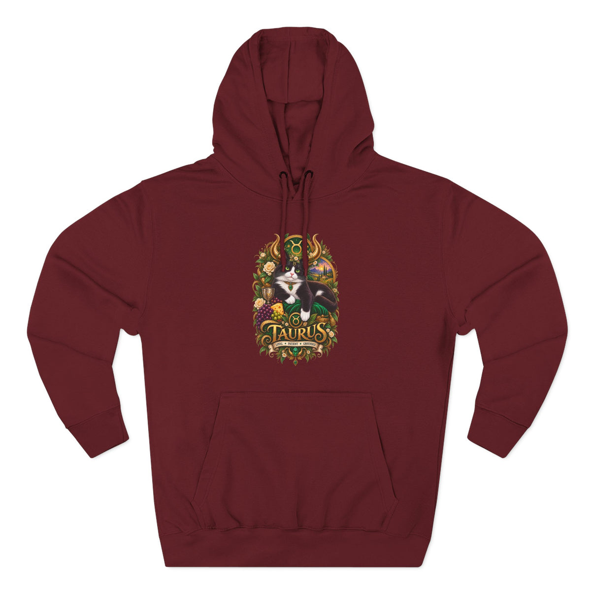 Taurus Tuxedo Cat Zodiac Hoodie — Earthy Bull Constellation Graphic Fleece Pullover