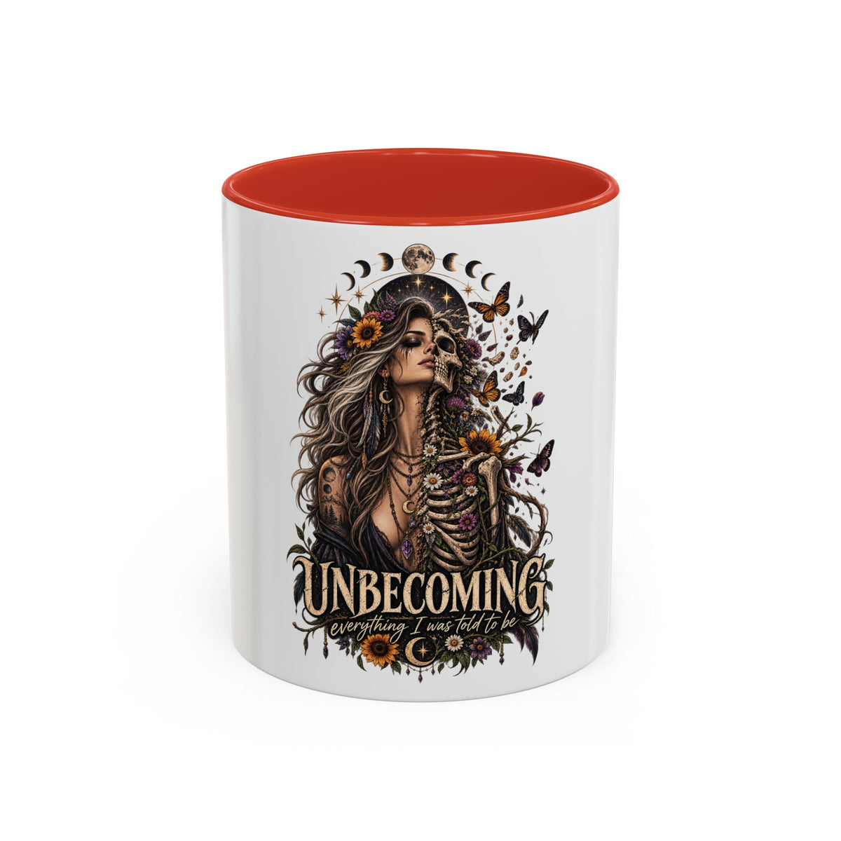 Unbecoming Empowerment Coffee Mug — Sunflowers Woman Skeleton & Moon Phases 11/15oz Accent Mug