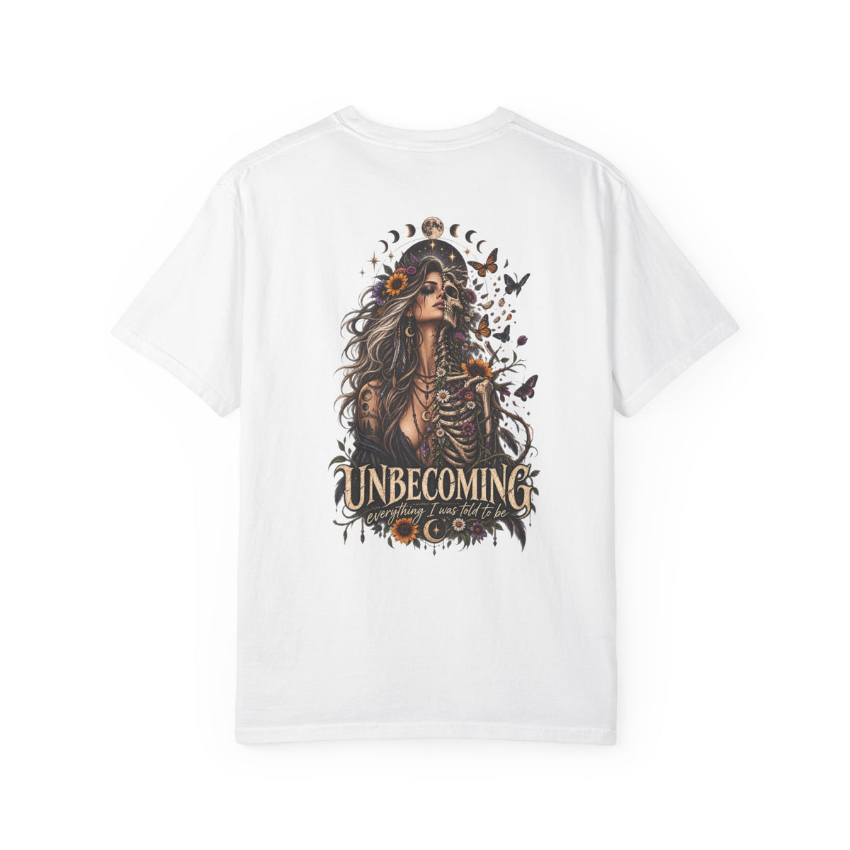 Unbecoming Gothic Moon T‑Shirt — Witchy Skeleton Art Tee