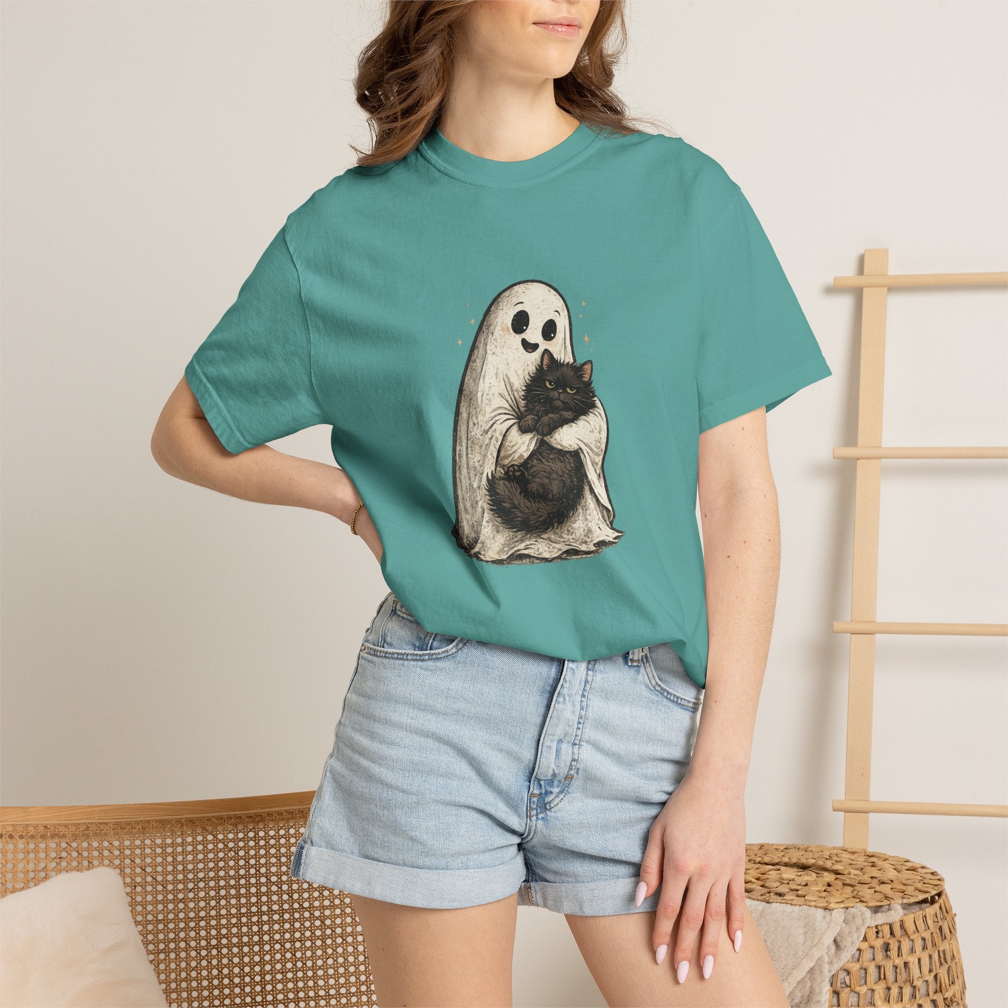 Boo & Meow Ghost Hugging Black Cat T-Shirt | Cute Spooky Tee