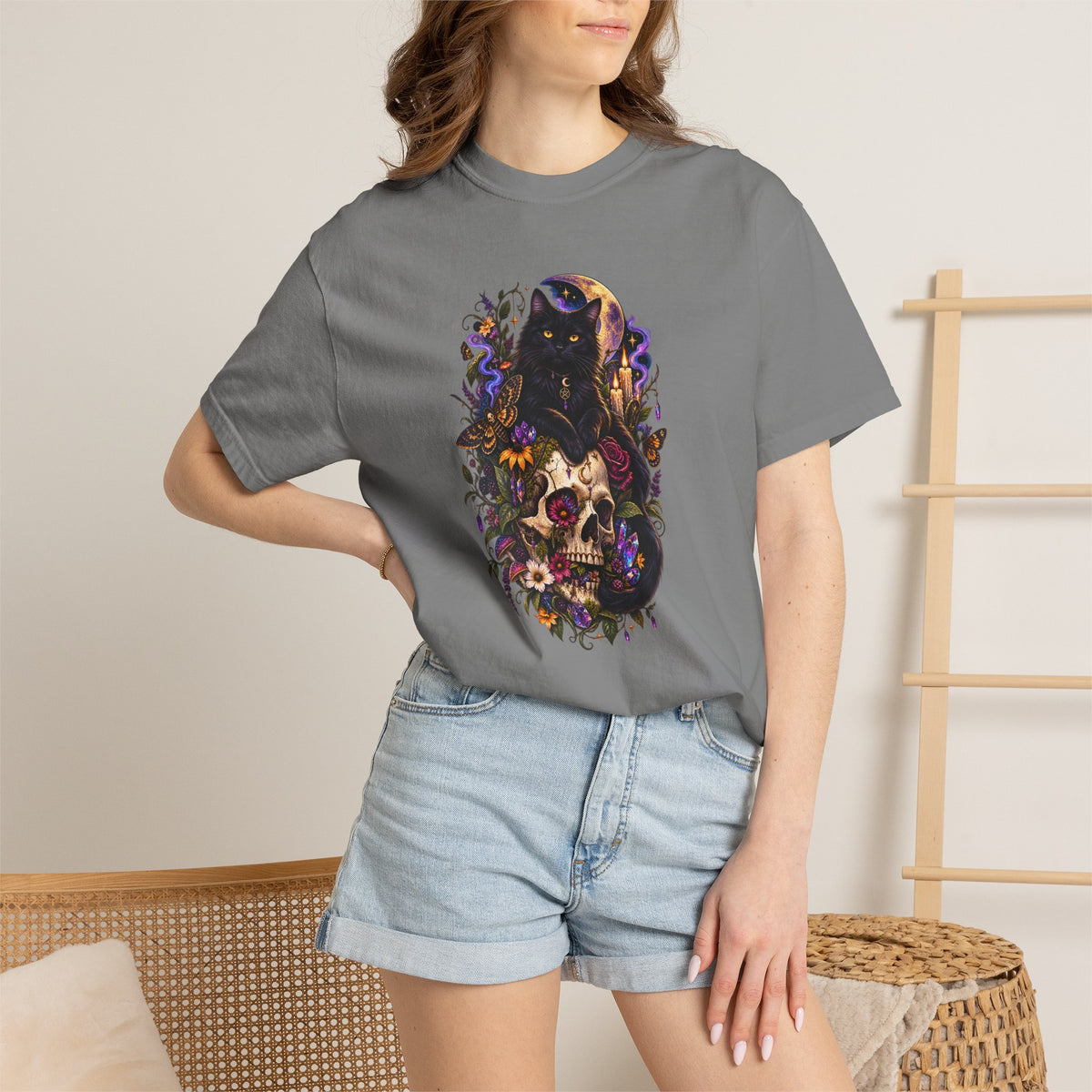 Skull & Black Cat Gothic T-Shirt — Dark Floral Day of the Dead Style