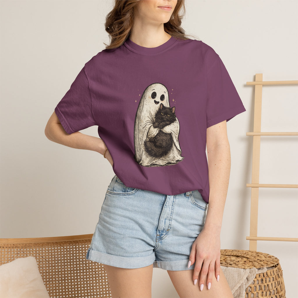 Boo & Meow Ghost Hugging Black Cat T-Shirt | Cute Spooky Tee