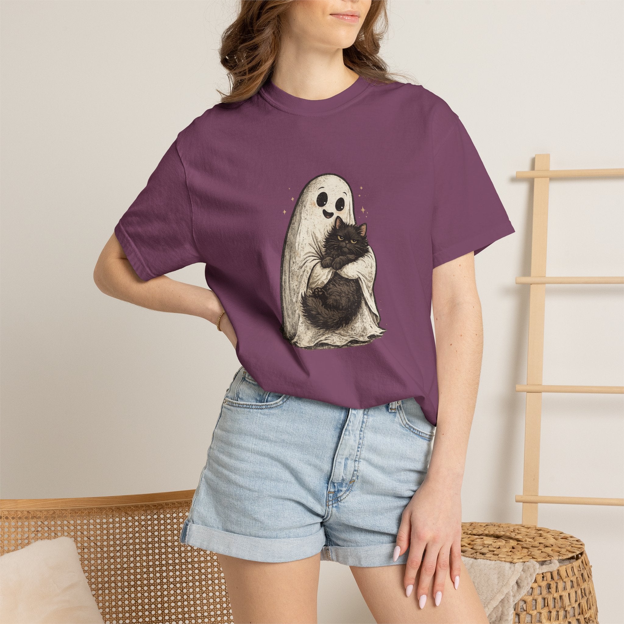 Boo & Meow Ghost Hugging Black Cat T-Shirt | Cute Spooky Tee