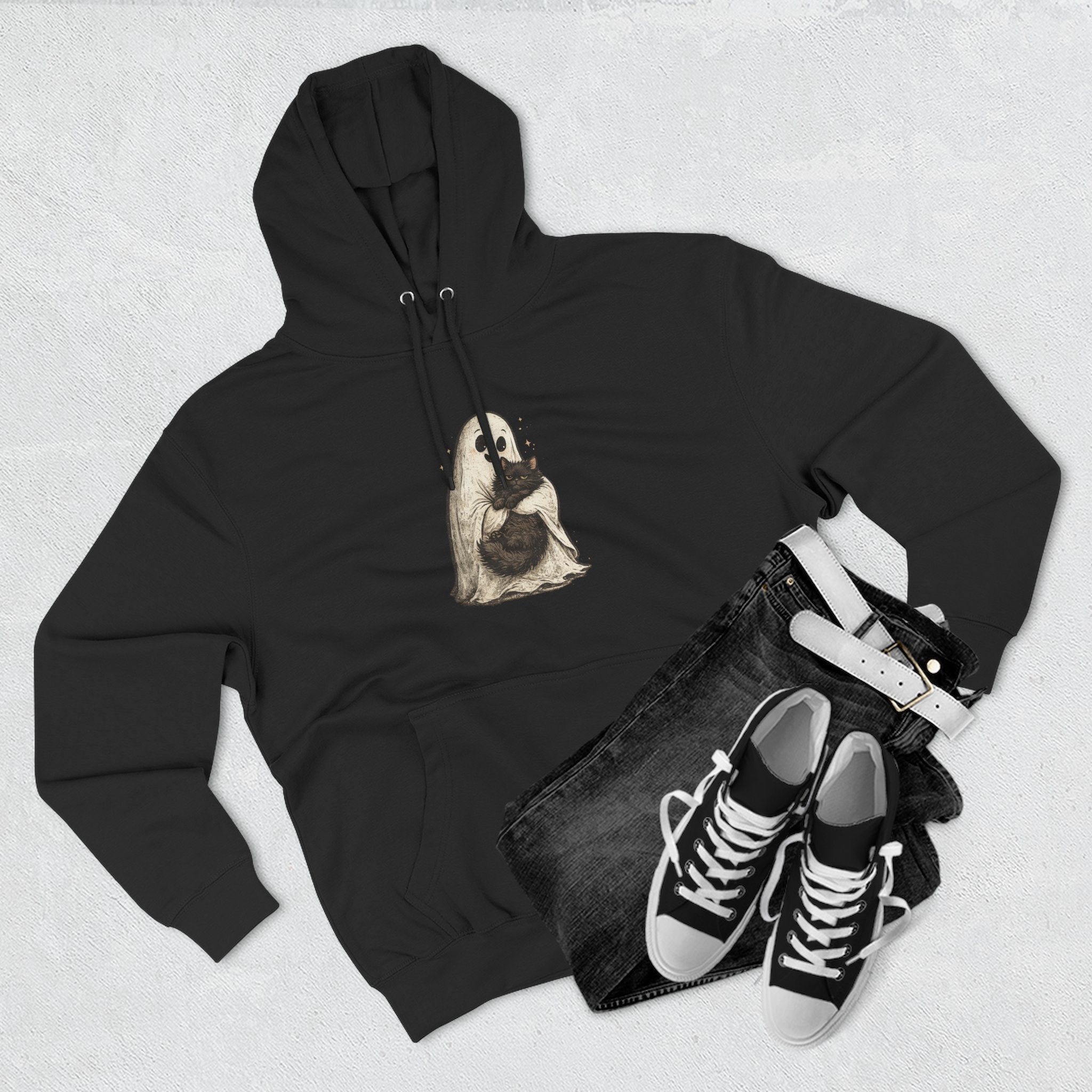 Boo & Meow Ghost Hugging Black Cat hoodie | Cute Spooky Tee Fleece Pullover
