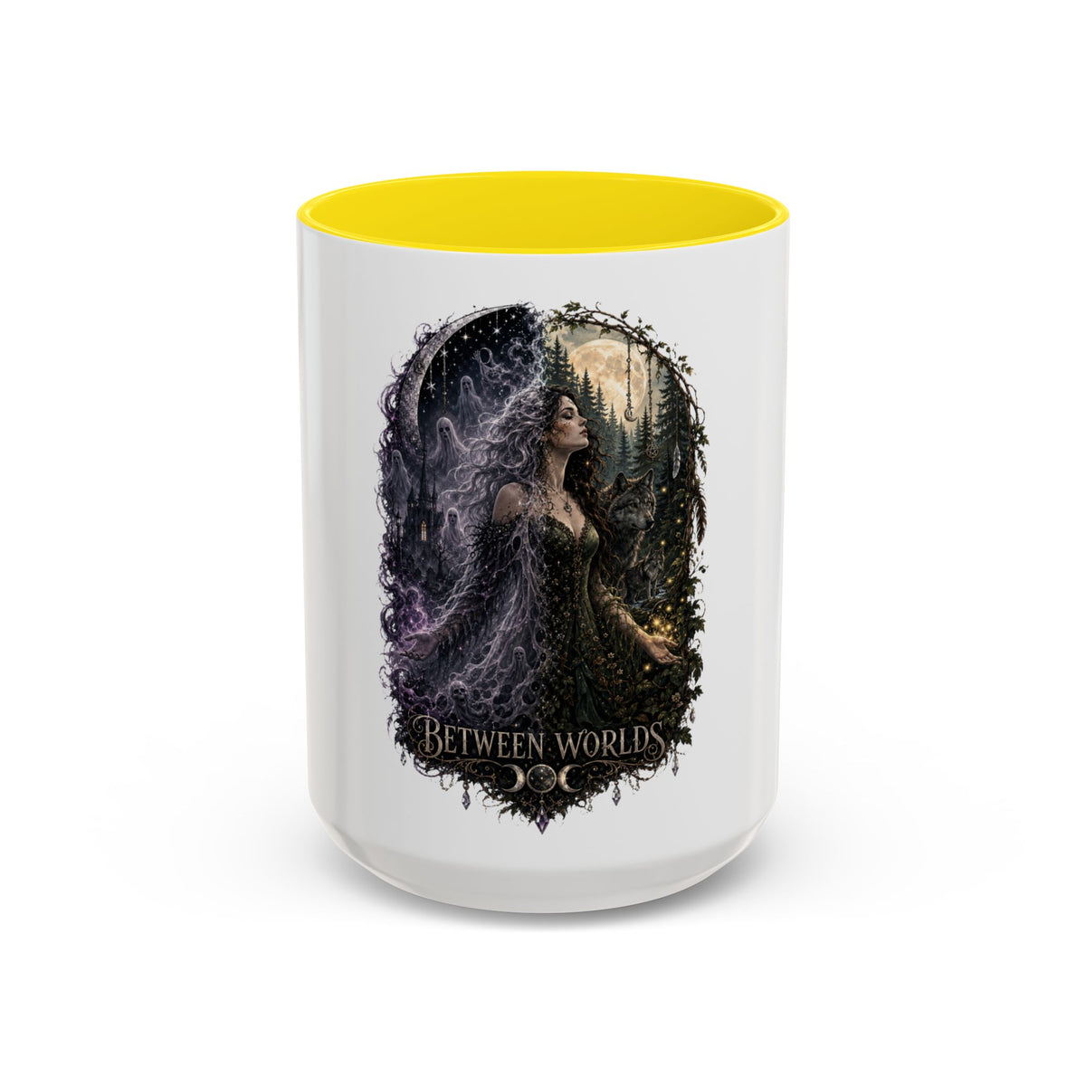 Between Worlds Accent Coffee Mug — Gothic Fantasy Witch Illustration (11/15oz)