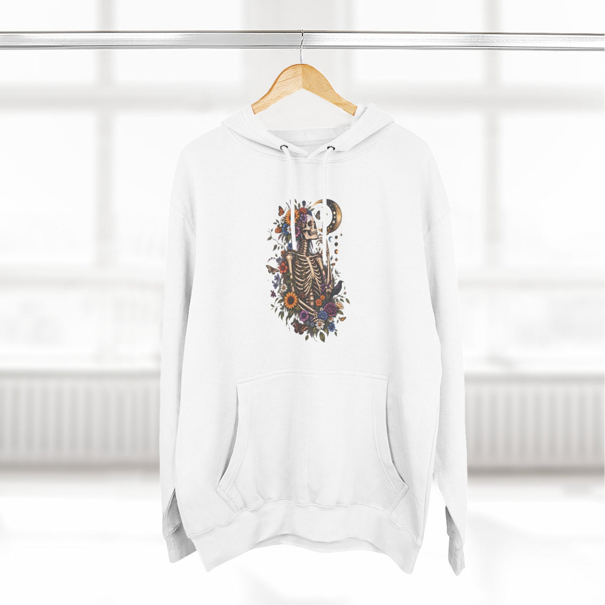 Skeleton Moon Floral Hoodie – Gothic Botanical Graphic Pullover
