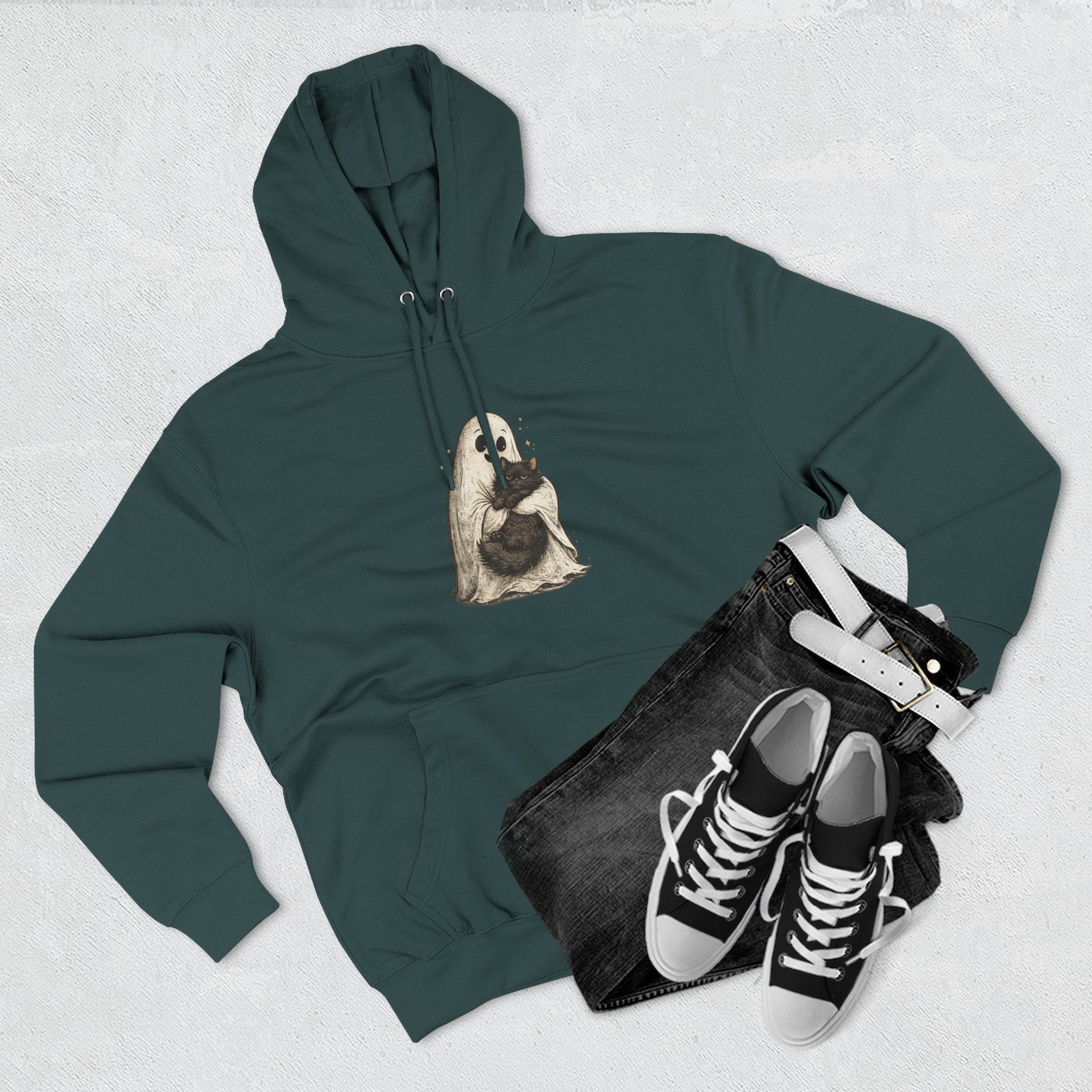 Boo & Meow Ghost Hugging Black Cat hoodie | Cute Spooky Tee Fleece Pullover