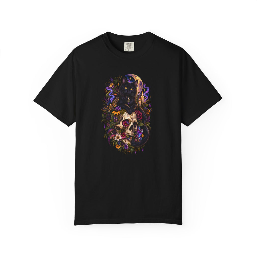 Skull & Black Cat Gothic T-Shirt — Dark Floral Day of the Dead Style