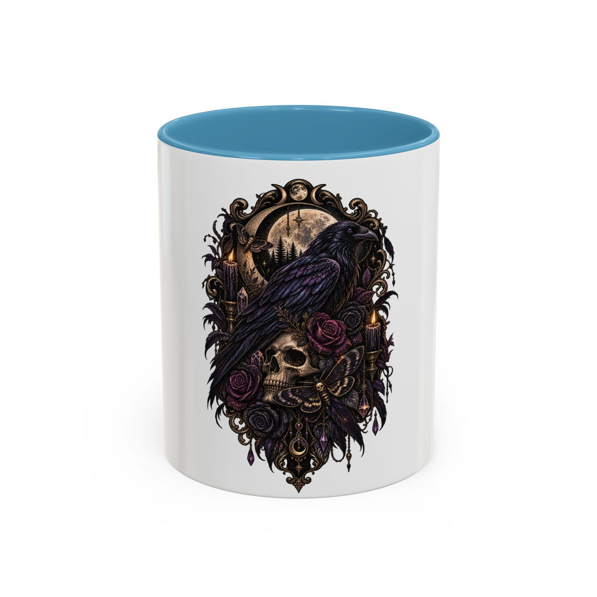 Gothic Raven & Skull Accent Coffee Mug — Dark Floral Occult Tea Cup