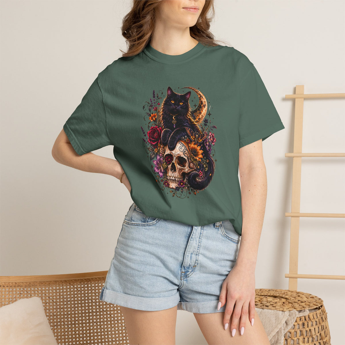 Cat & Skull Gothic T-Shirt — Black Cat Moon Floral Graphic Tee
