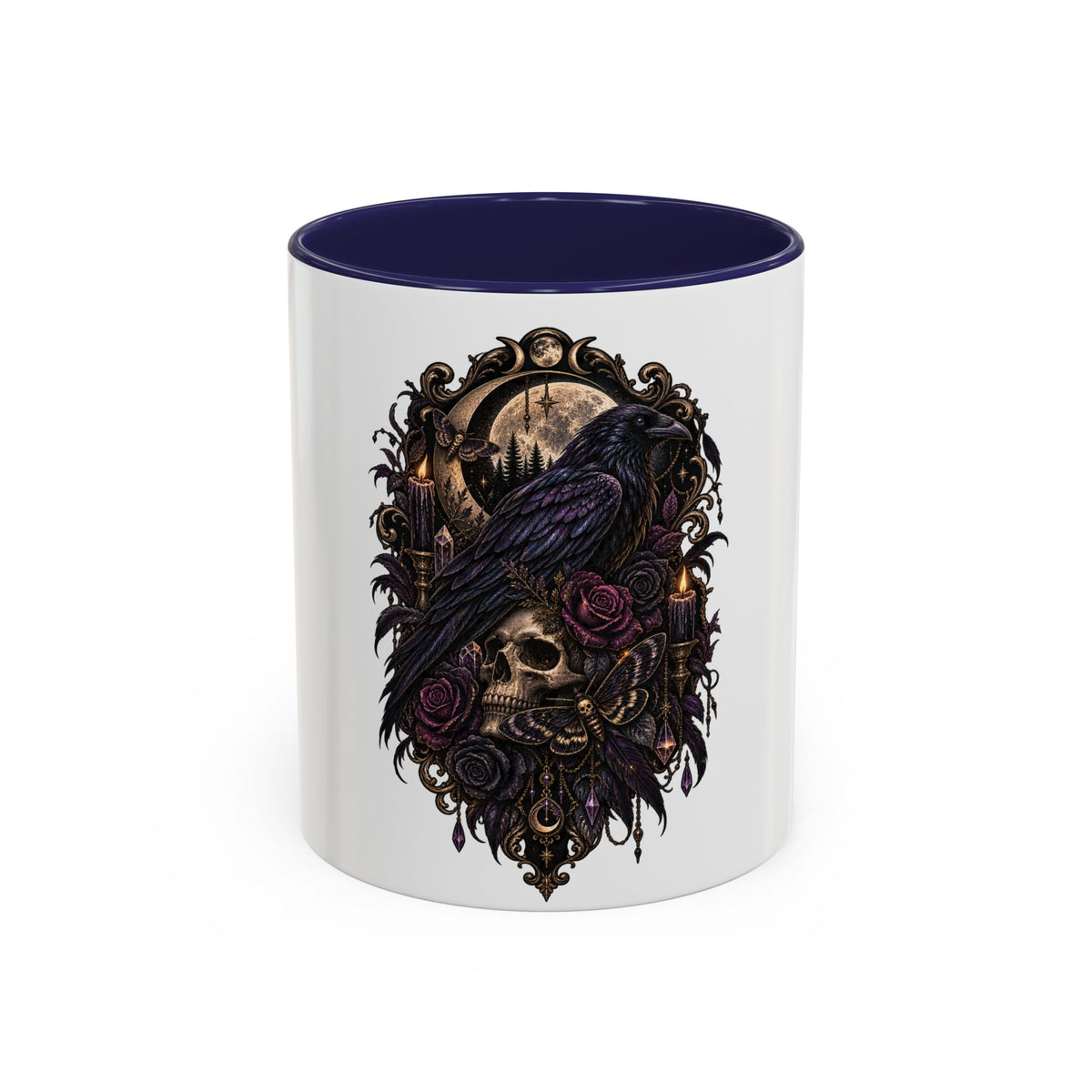 Gothic Raven & Skull Accent Coffee Mug — Dark Floral Occult Tea Cup