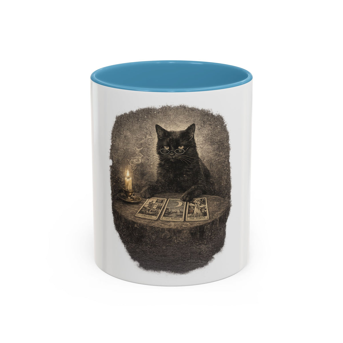 Tarot Cat Accent Coffee Mug — Witchy Black Cat with Tarot Cards