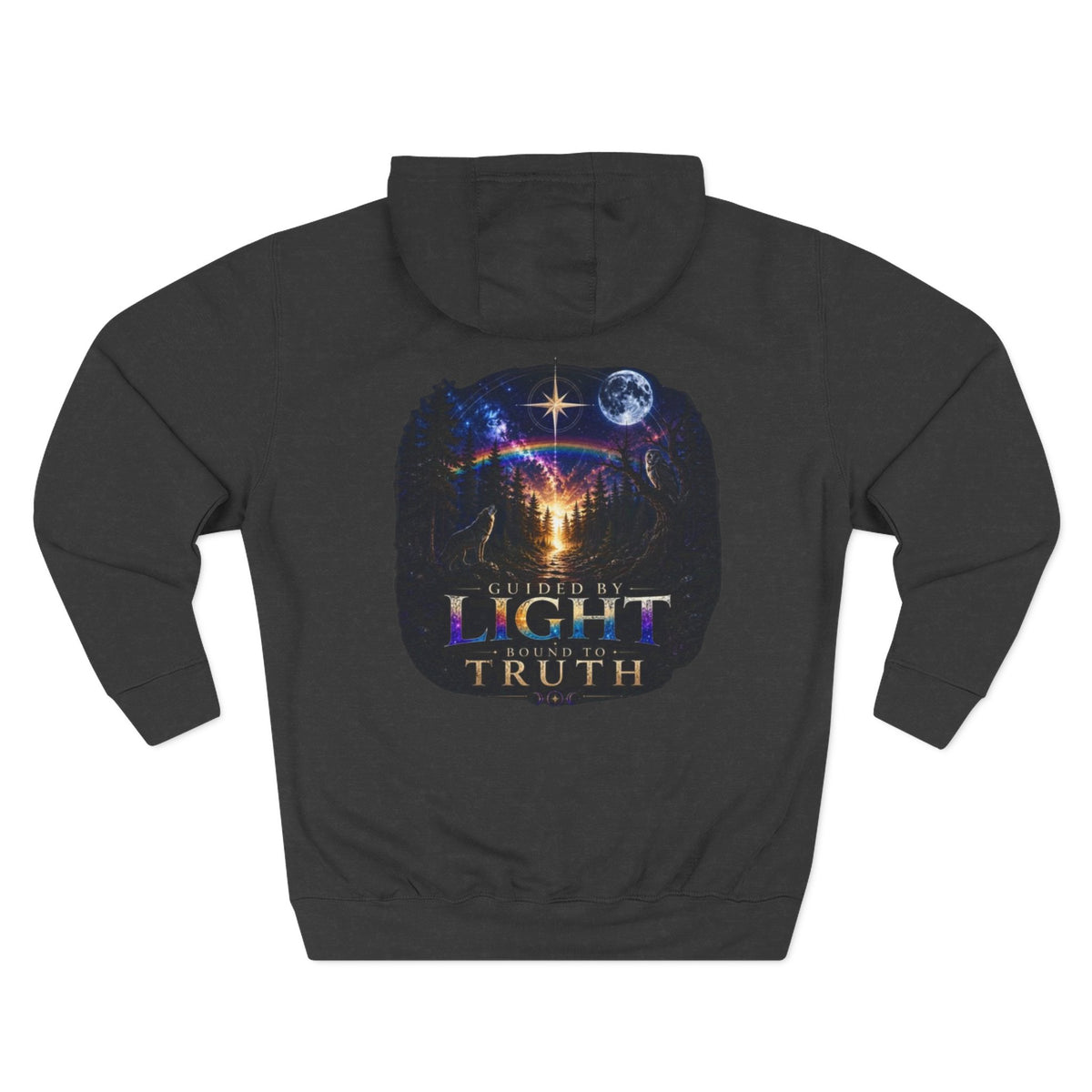 Guided by Light Bound toTruth Fleece Hoodie — Spiritual Galaxy Chest Emblem & Backscape Design