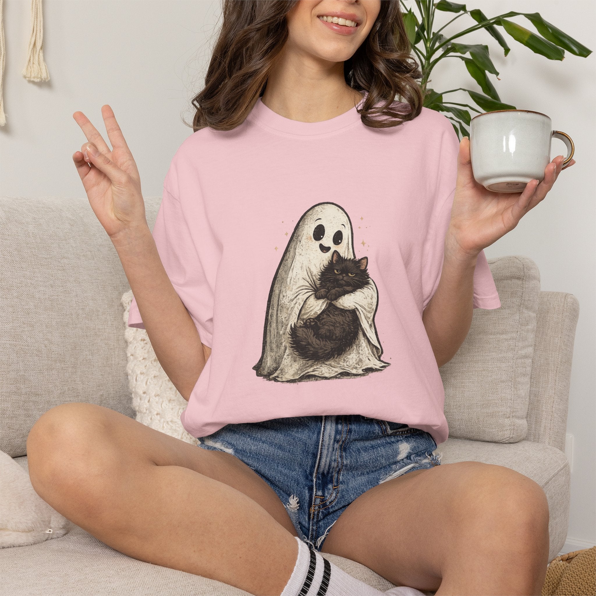 Boo & Meow Ghost Hugging Black Cat T-Shirt | Cute Spooky Tee