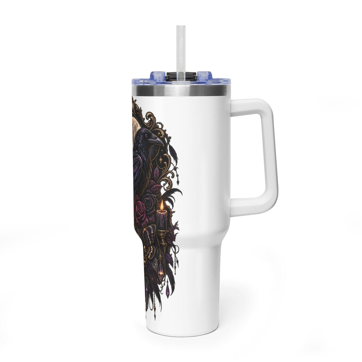 40oz Raven Skull Tumbler – Gothic Floral Vacuum Insulated Travel Mug