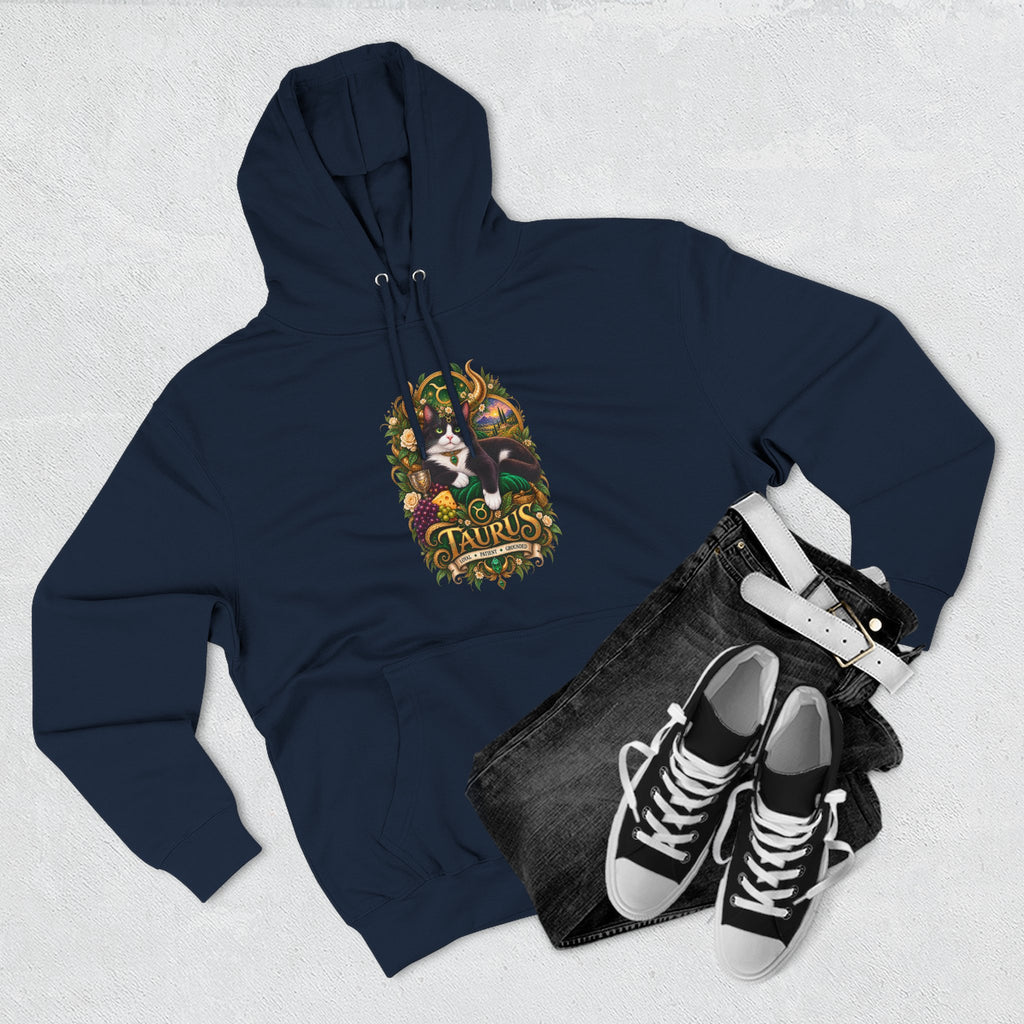 Taurus Tuxedo Cat Zodiac Hoodie — Earthy Bull Constellation Graphic Fleece Pullover