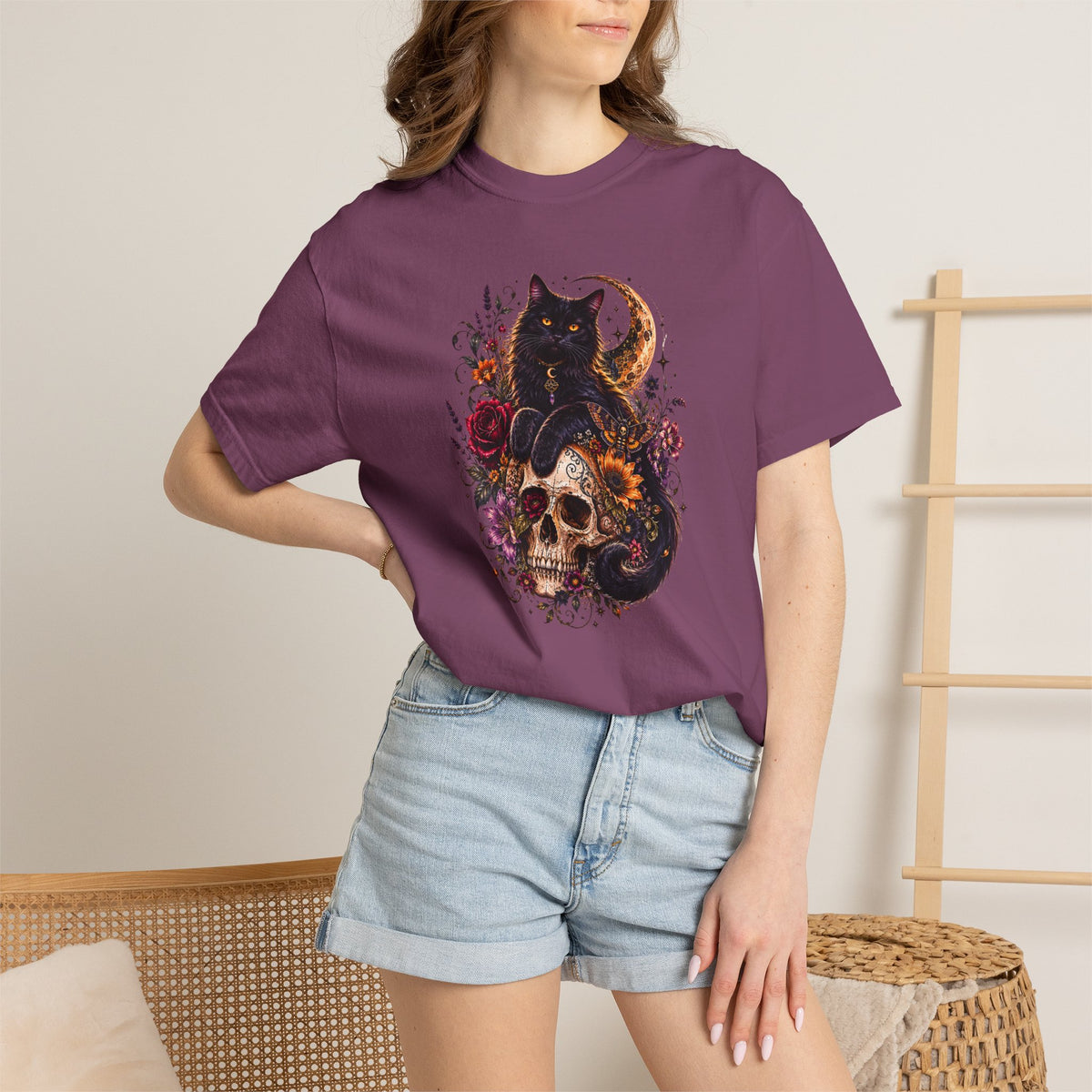Cat & Skull Gothic T-Shirt — Black Cat Moon Floral Graphic Tee