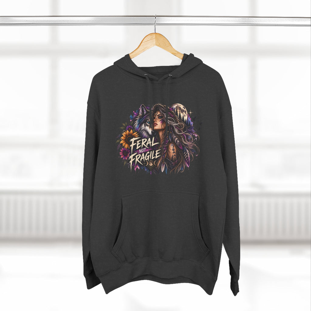 Feral Not Fragile Wolf & Woman Graphic Hoodie — Wildlife Fleece Pullover