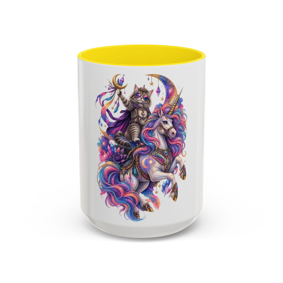 Magical Cat Knight on Unicorn Accent Coffee Mug — Colorful Fantasy 11/15oz