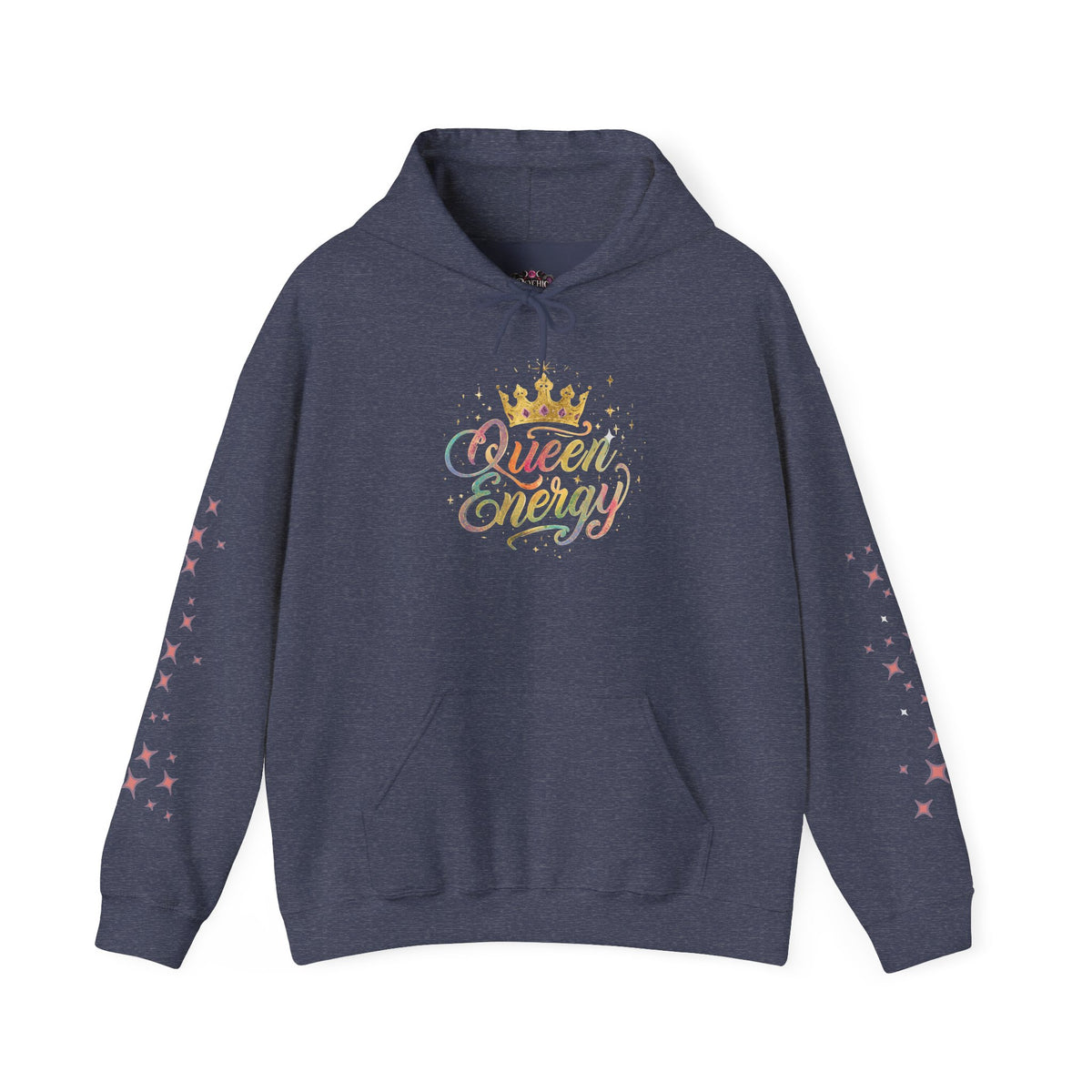 Queen Energy Hoodie — Feminine Crown Graphic Pullover with Star Sleeve Accents