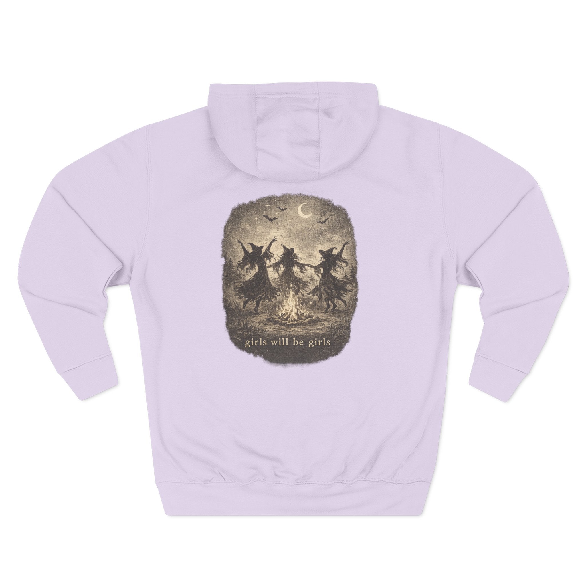 Witchy Trio Graphic Hoodie – 'Girls Will Be Girls' Vintage Moonback Sweatshirt