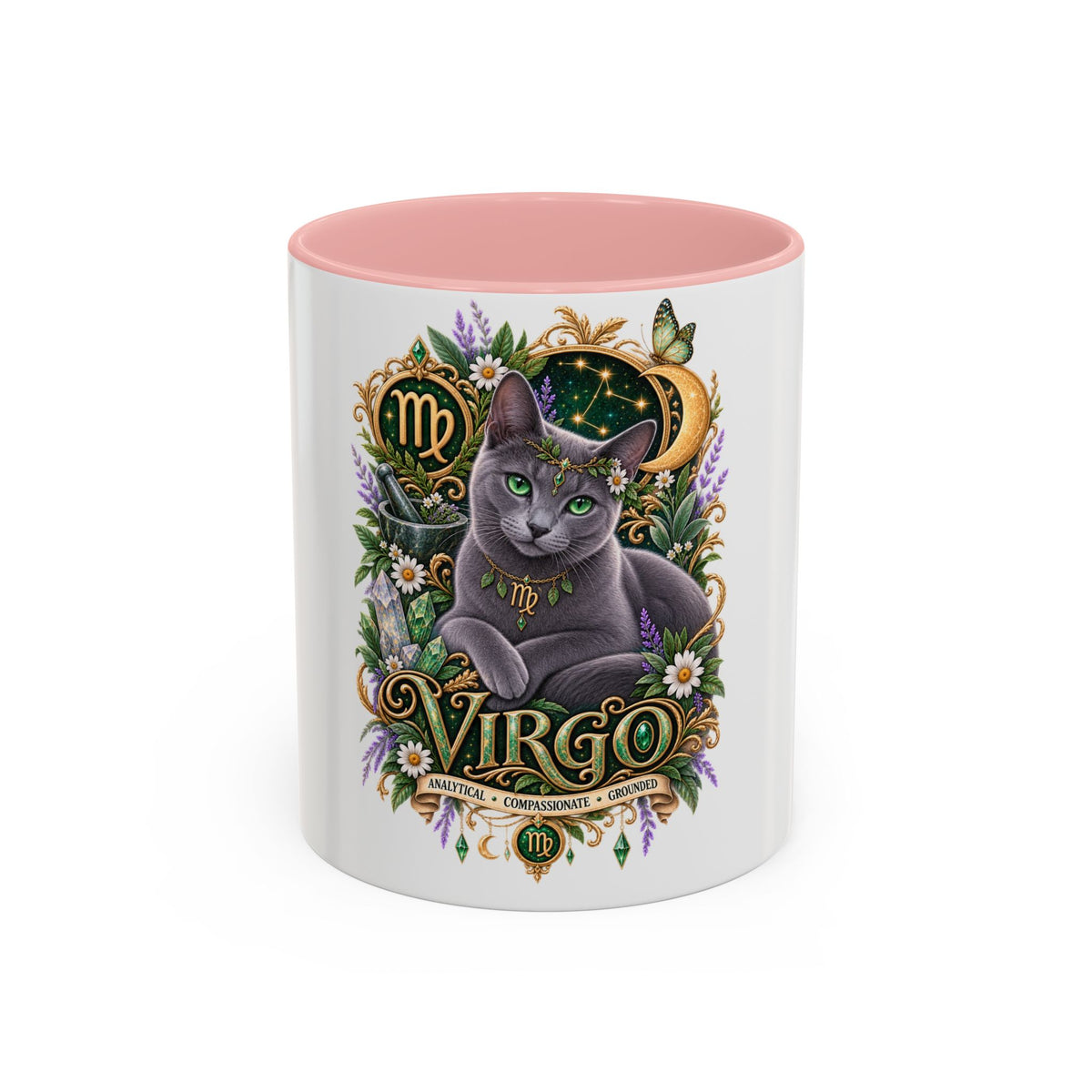 Virgo Russian Blue Cat Accent Coffee Mug — Zodiac Astrology Horoscope Gift (11/15 oz)