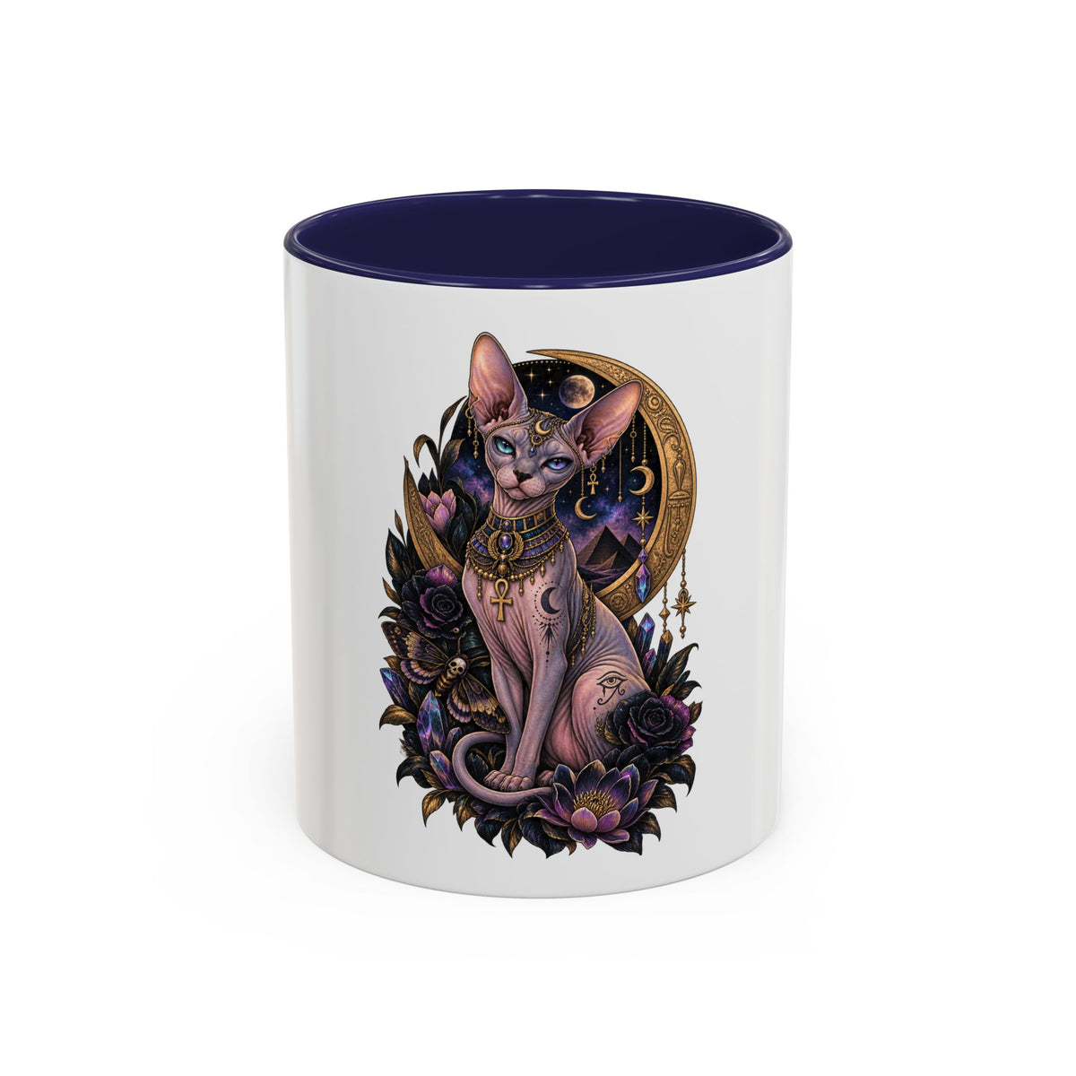 Mystic Sphynx Cat Coffee Mug — Magical Moon & Floral Accent (11/15 oz)