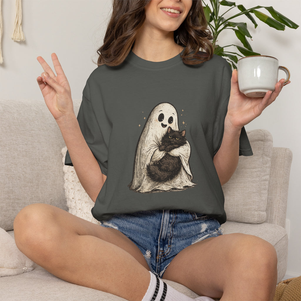 Boo & Meow Ghost Hugging Black Cat T-Shirt | Cute Spooky Tee