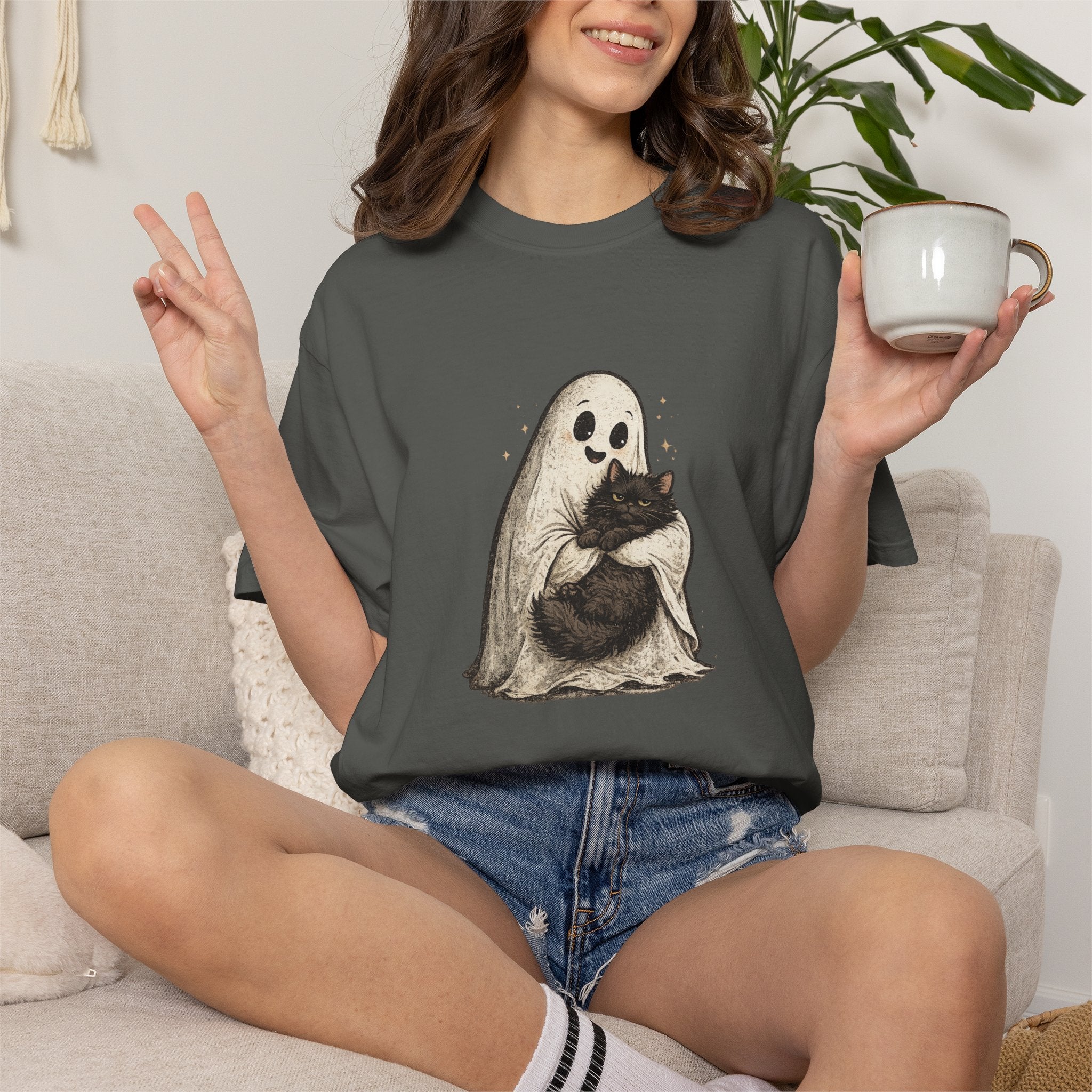 Boo & Meow Ghost Hugging Black Cat T-Shirt | Cute Spooky Tee