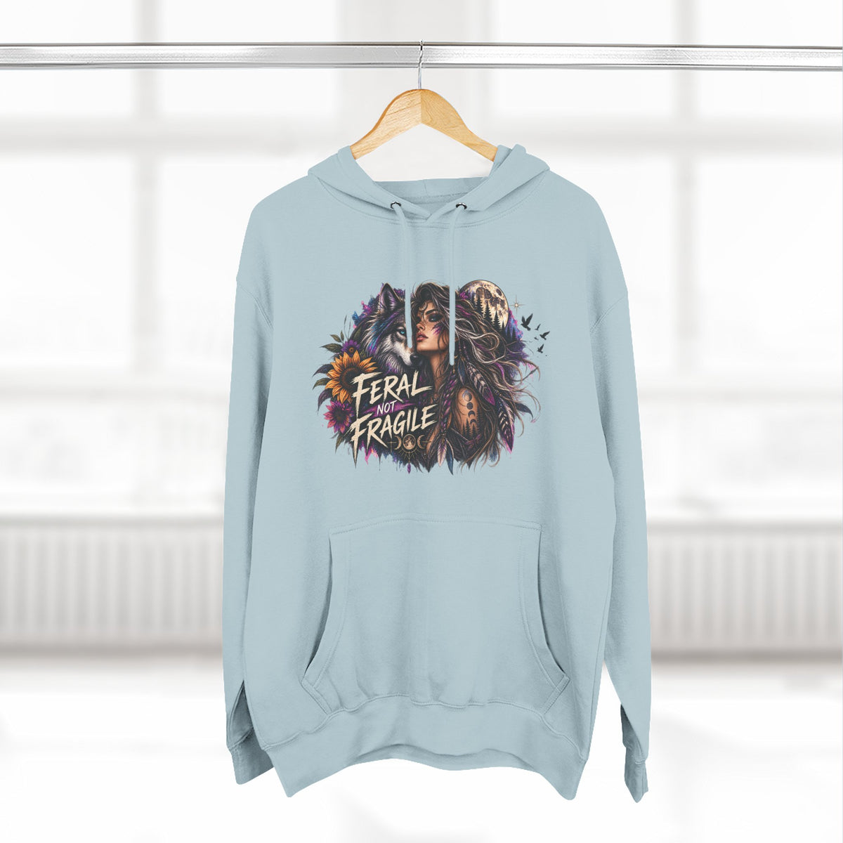 Feral Not Fragile Wolf & Woman Graphic Hoodie — Wildlife Fleece Pullover