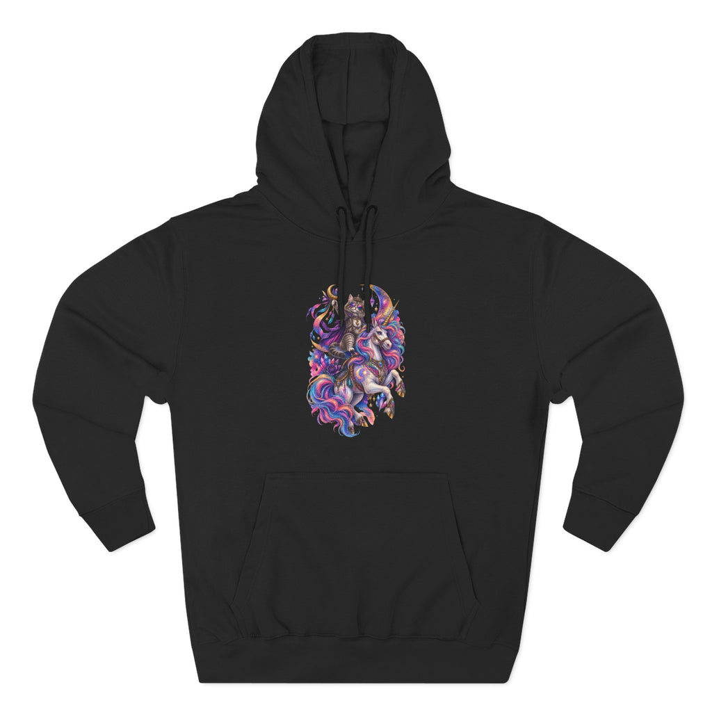 Colorful Cosmic Cat Riding a Unicorn — Vibrant Nebula Graphic Pullover