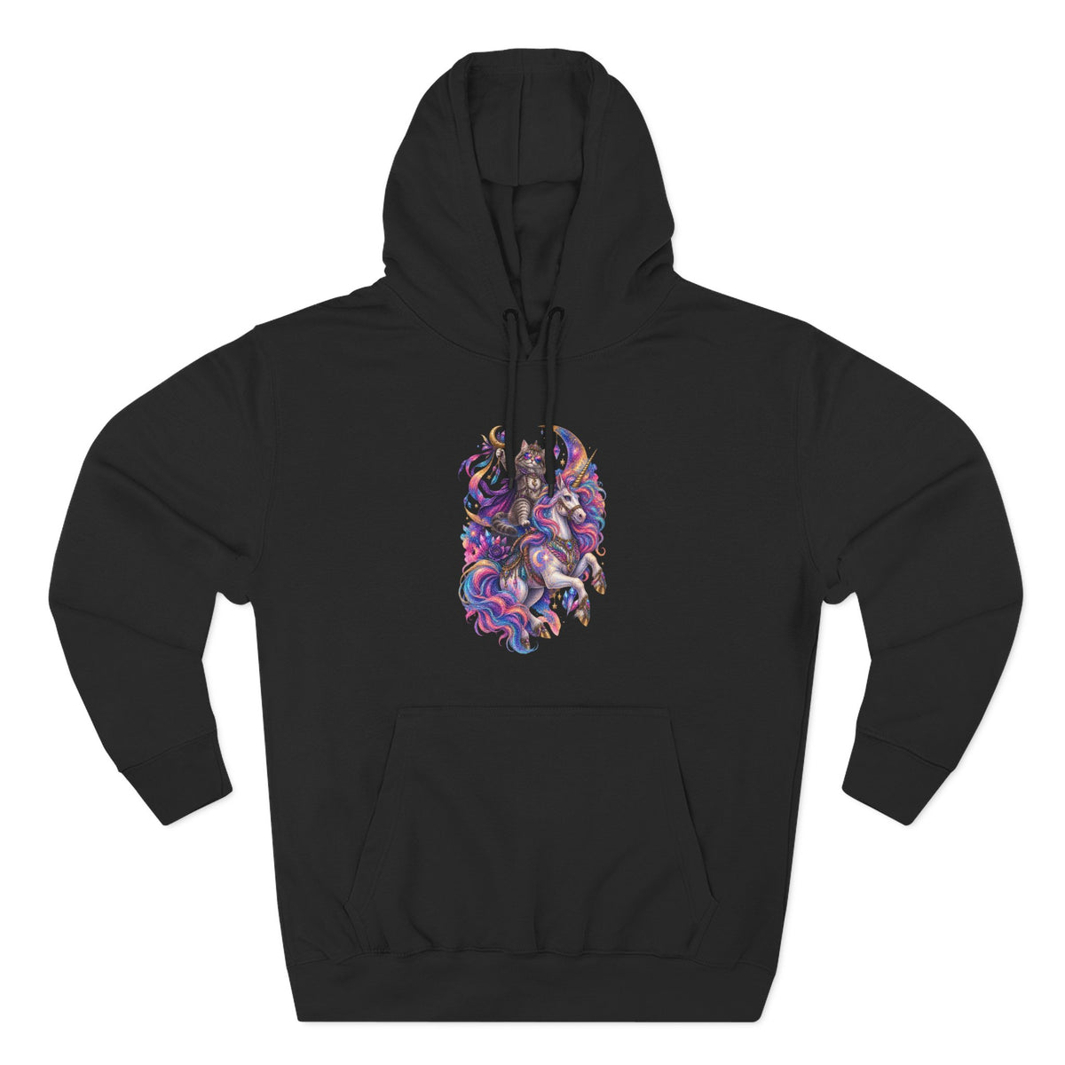Colorful Cosmic Cat Riding a Unicorn — Vibrant Nebula Graphic Pullover
