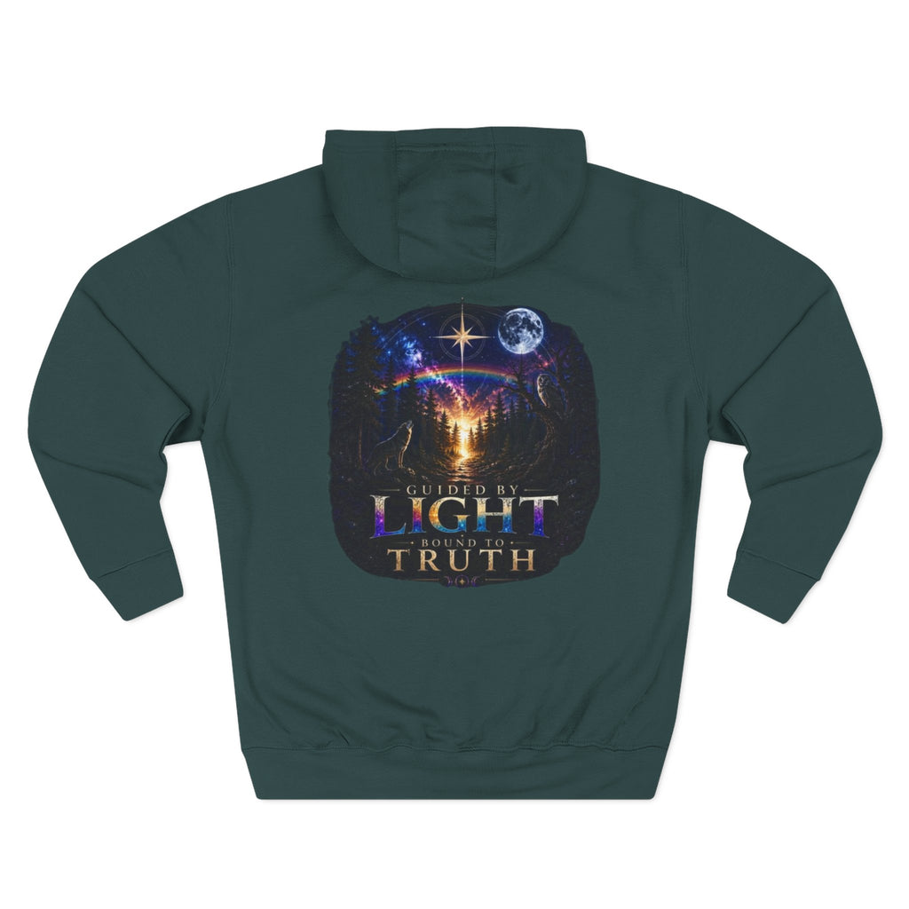 Guided by Light Bound toTruth Fleece Hoodie — Spiritual Galaxy Chest Emblem & Backscape Design