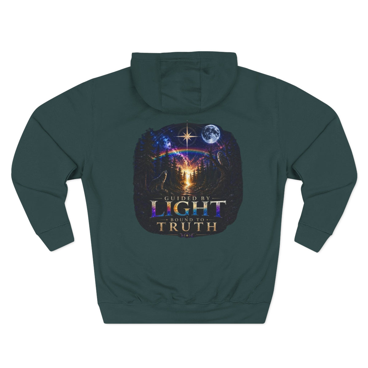 Guided by Light Bound toTruth Fleece Hoodie — Spiritual Galaxy Chest Emblem & Backscape Design