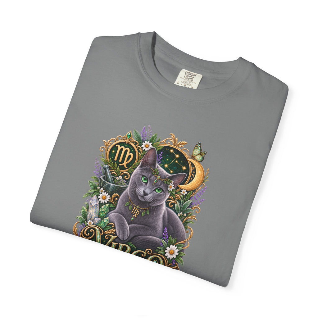 Virgo Cat Zodiac T-Shirt — Virgo Astrology Tee with Russian Blue & Floral Design