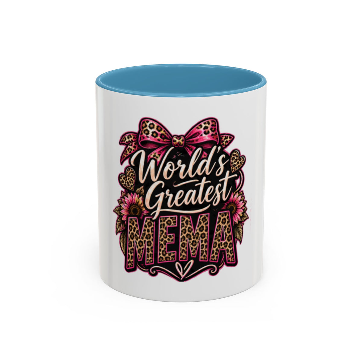 World's Greatest Mema Accent Coffee Mug – Leopard Pink Bow Gift for Grandma (11/15 oz)