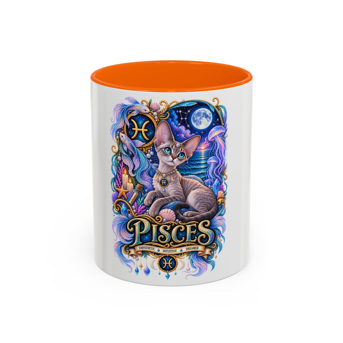 Pisces Devon Rex Cat Accent Coffee Mug — Zodiac Astrology Ceramic Mug (11/15oz)
