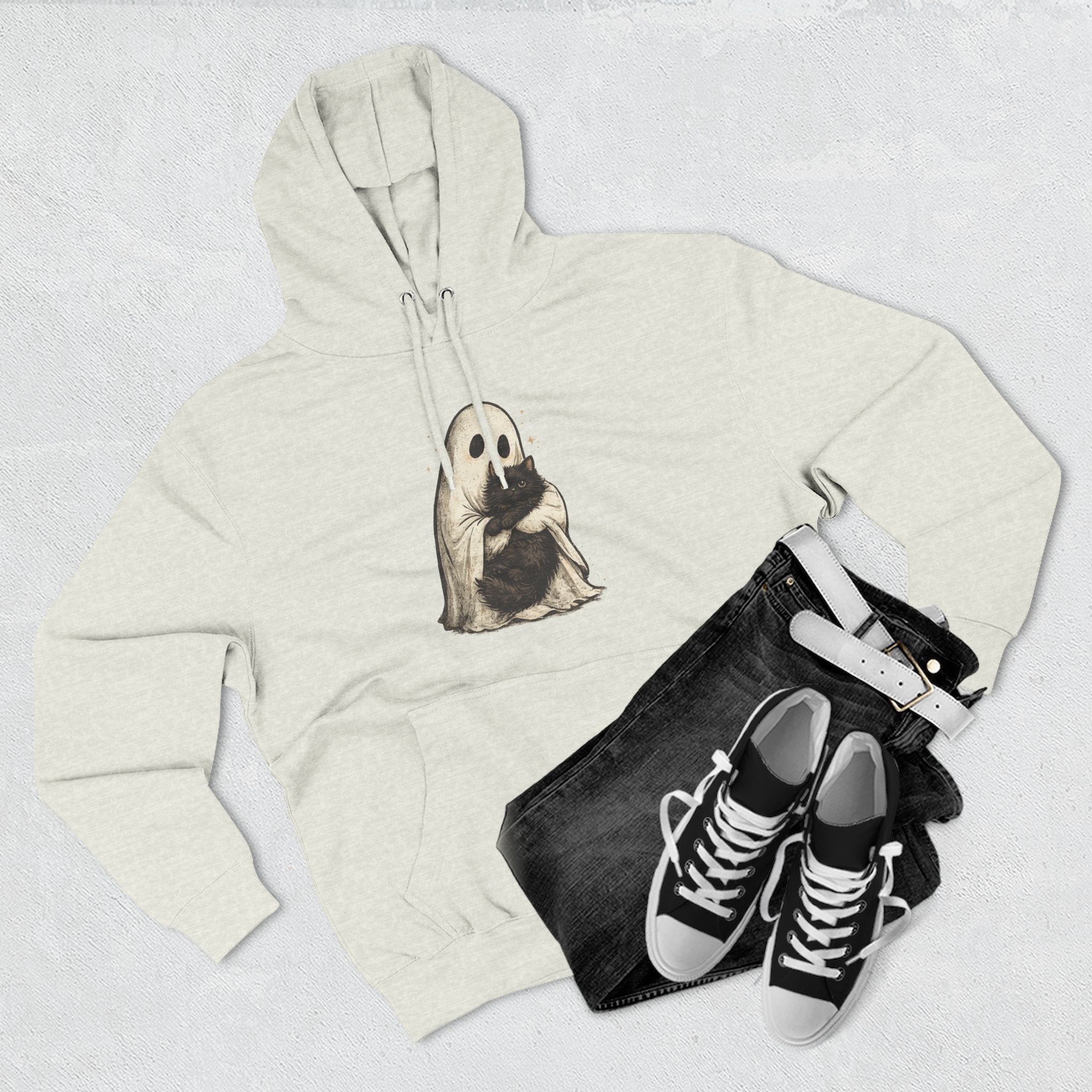 Ghost Hugging Black Cat Fleece Hoodie — Cute Ghost Hugging Black Cat Cozy Pullover
